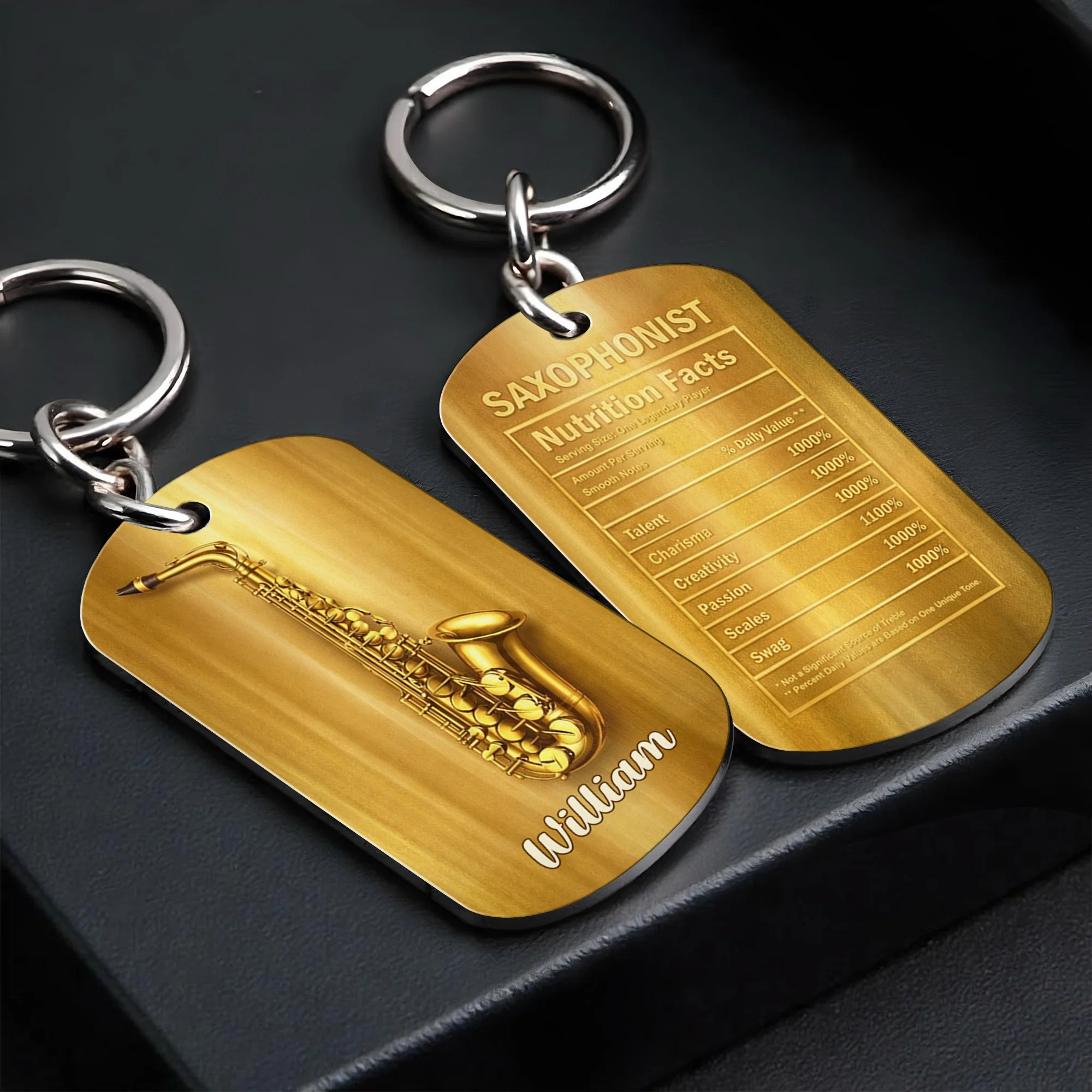 Saxophonist Nutrition Facts Legendary Player With Gold Saxophone - Personalized Stainless Steel Keychain - MUSIC031_KCX - Image 2