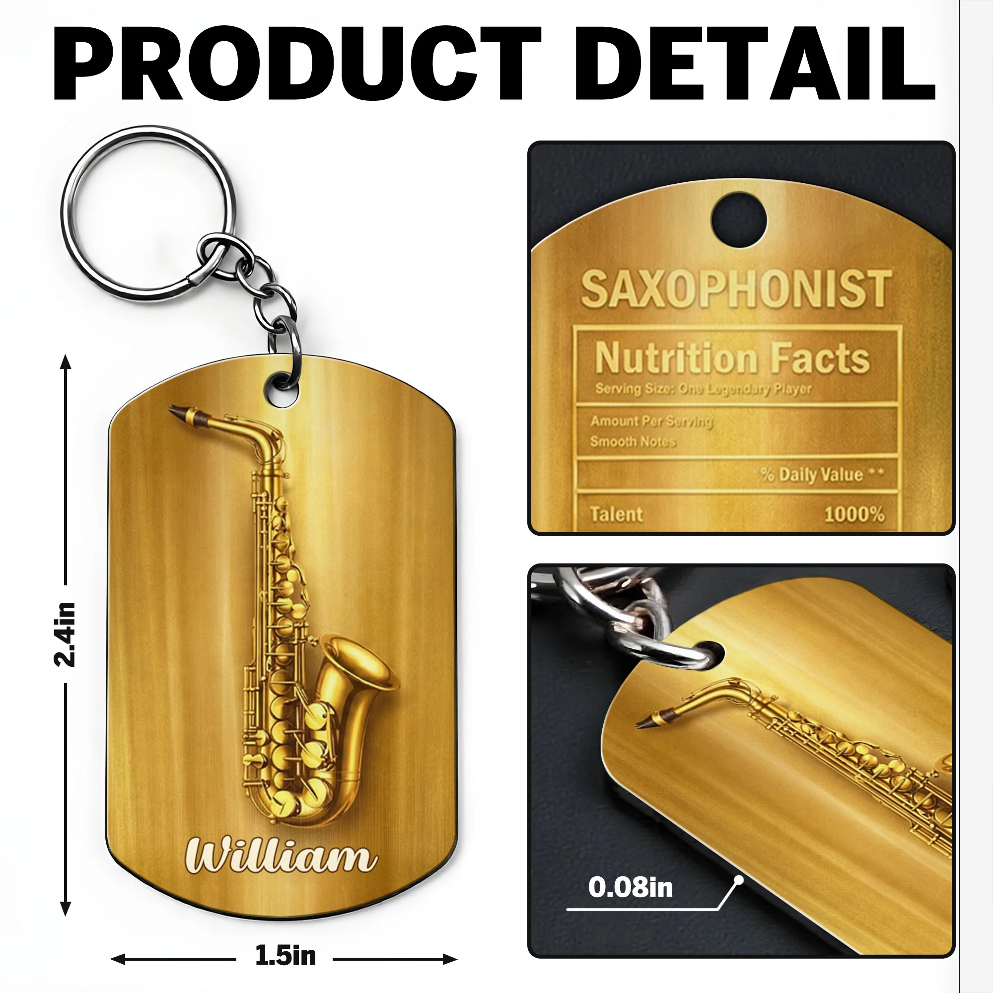 Saxophonist Nutrition Facts Legendary Player With Gold Saxophone - Personalized Stainless Steel Keychain - MUSIC031_KCX - Image 5