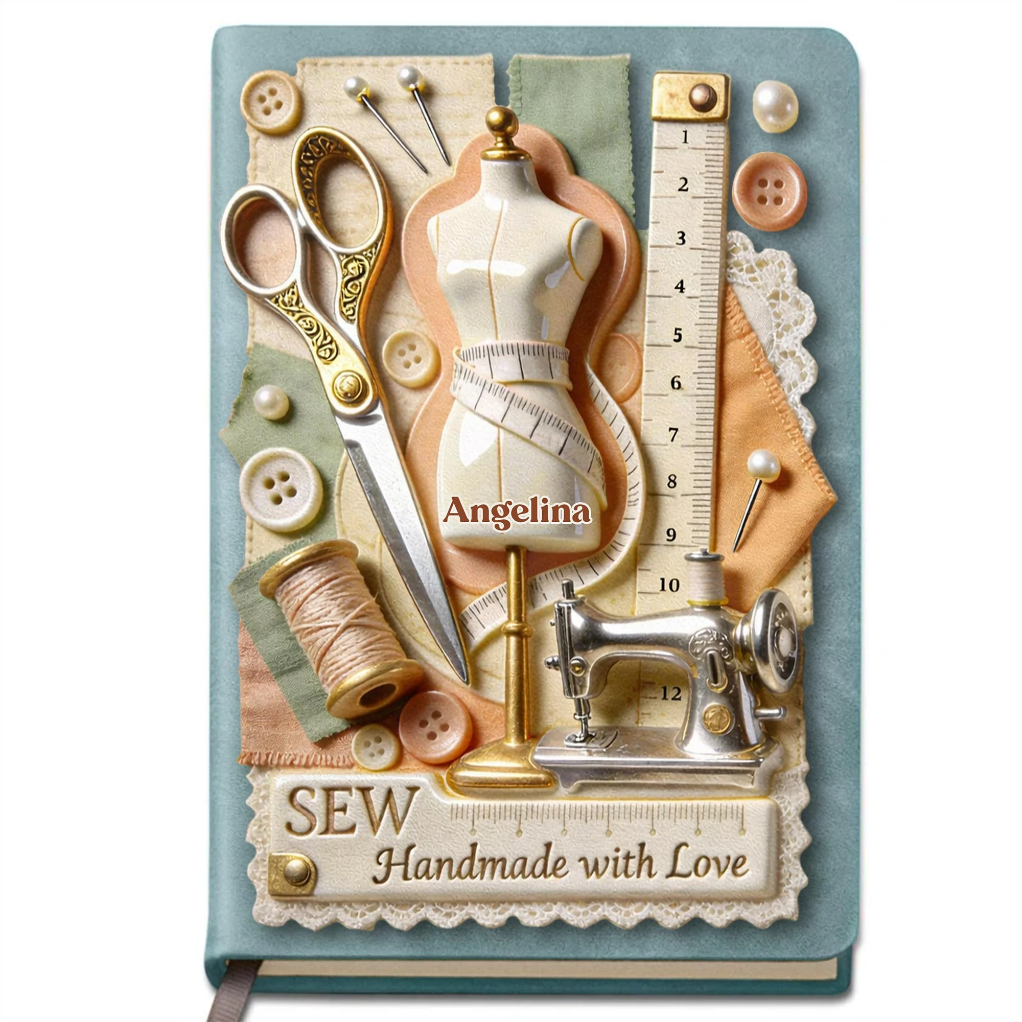Sew Handmade With Love Scissors Sewing Machine And Mannequin - Personalized Leather Journal - HAND039_LEJO - Image 11