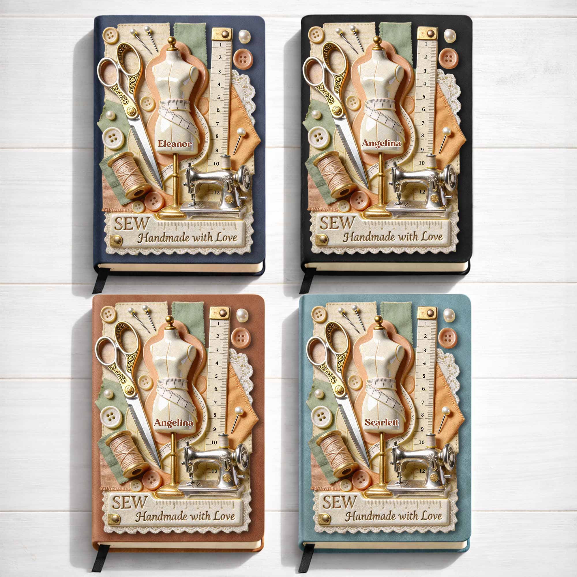 Sew Handmade With Love Scissors Sewing Machine And Mannequin - Personalized Leather Journal - HAND039_LEJO - Image 3