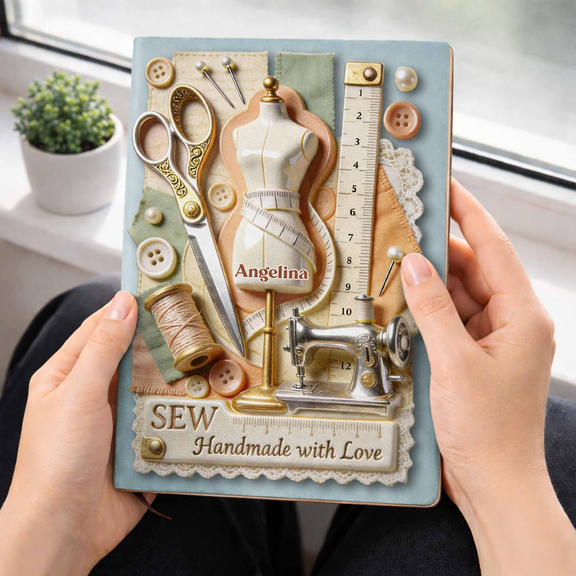 Sew Handmade With Love Scissors Sewing Machine And Mannequin - Personalized Leather Journal - HAND039_LEJO - Image 8