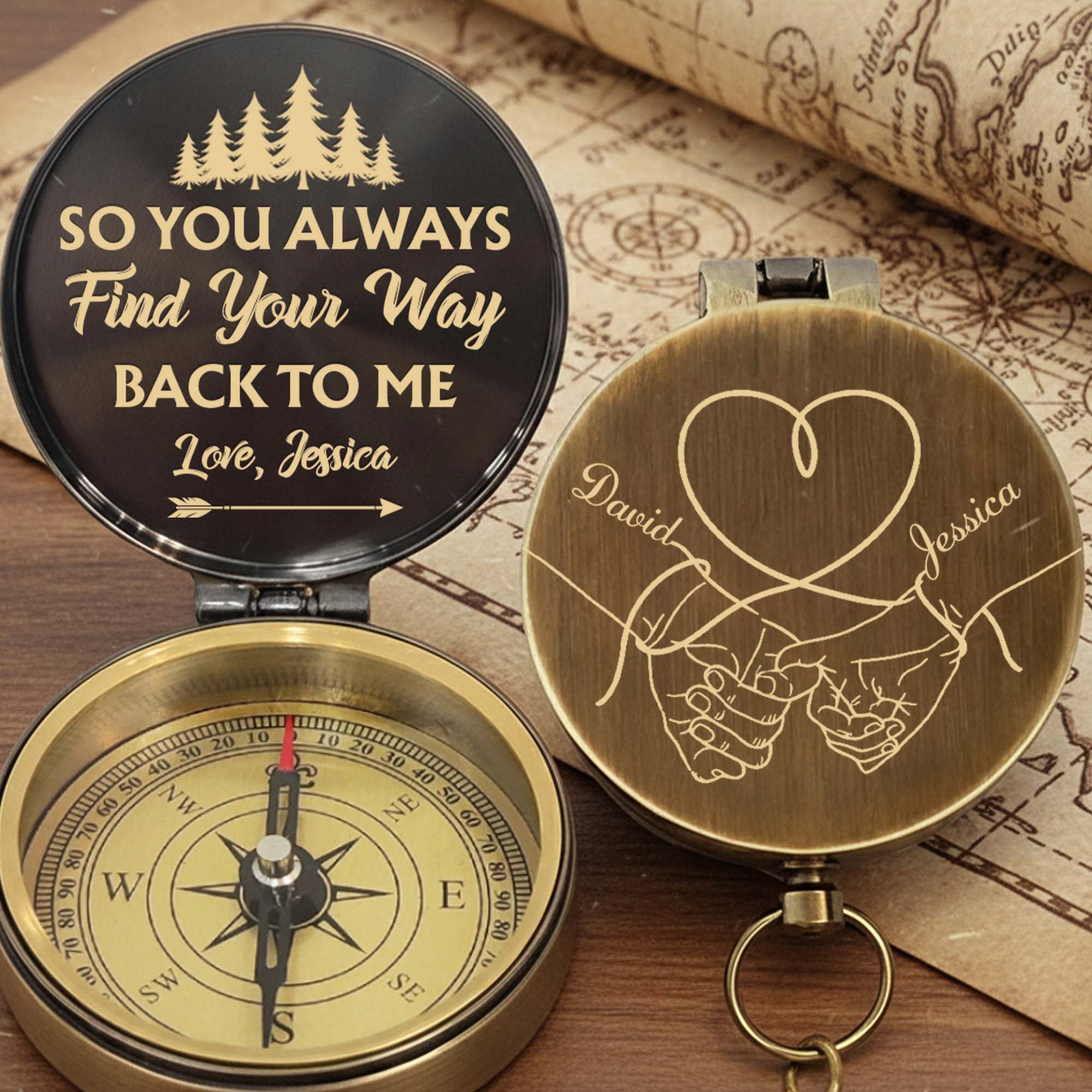 So You Always Find Your Way Back To Me Pinky Swear Heart Pine Trees - Personalized Engraved Brass Compass - CPL840_ECPASS - Image 2