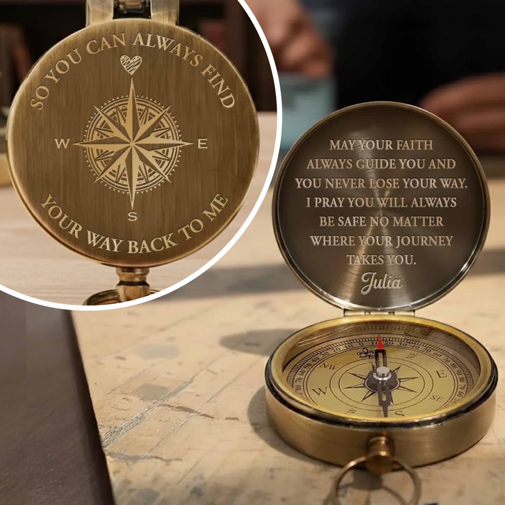So You Can Always Find Your Way Back Compass Rose Heart Design - Personalized Engraved Brass Compass - HSB081_ECPASS - Image 3