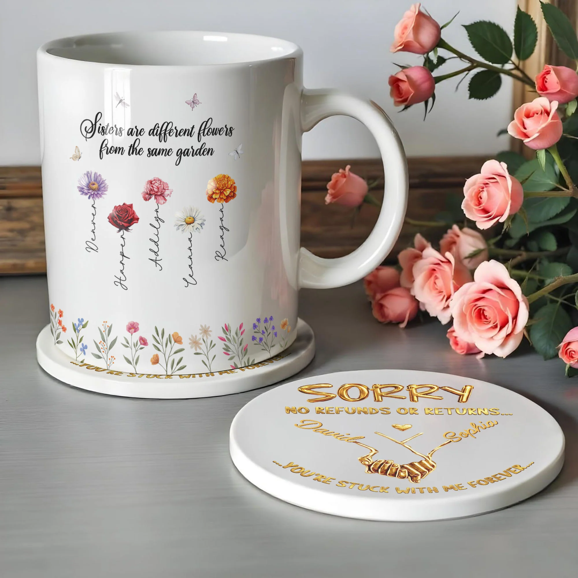 Sorry No Refunds Or Returns Stuck With Me Forever Holding Hands Heart - Personalized Custom Ceramic Coaster - CPL1361_ROCO - Image 6