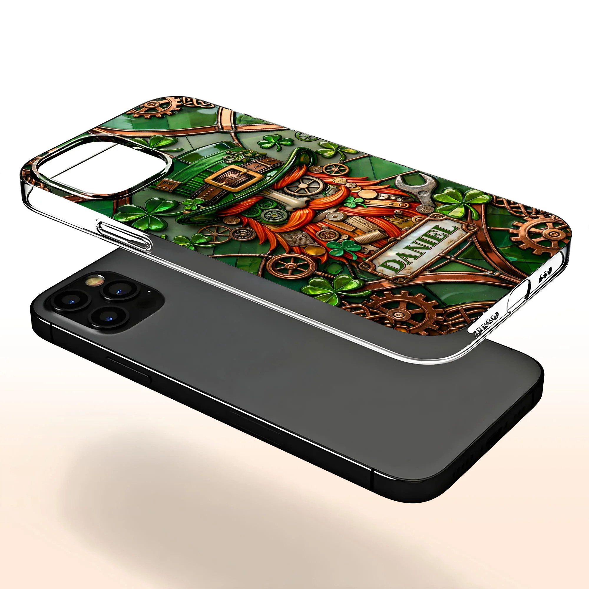 Steampunk Leprechaun With Shamrocks And Mechanical Gears Luck Design - Personalized Clear Phone Case - FAM804_PHC - Image 4