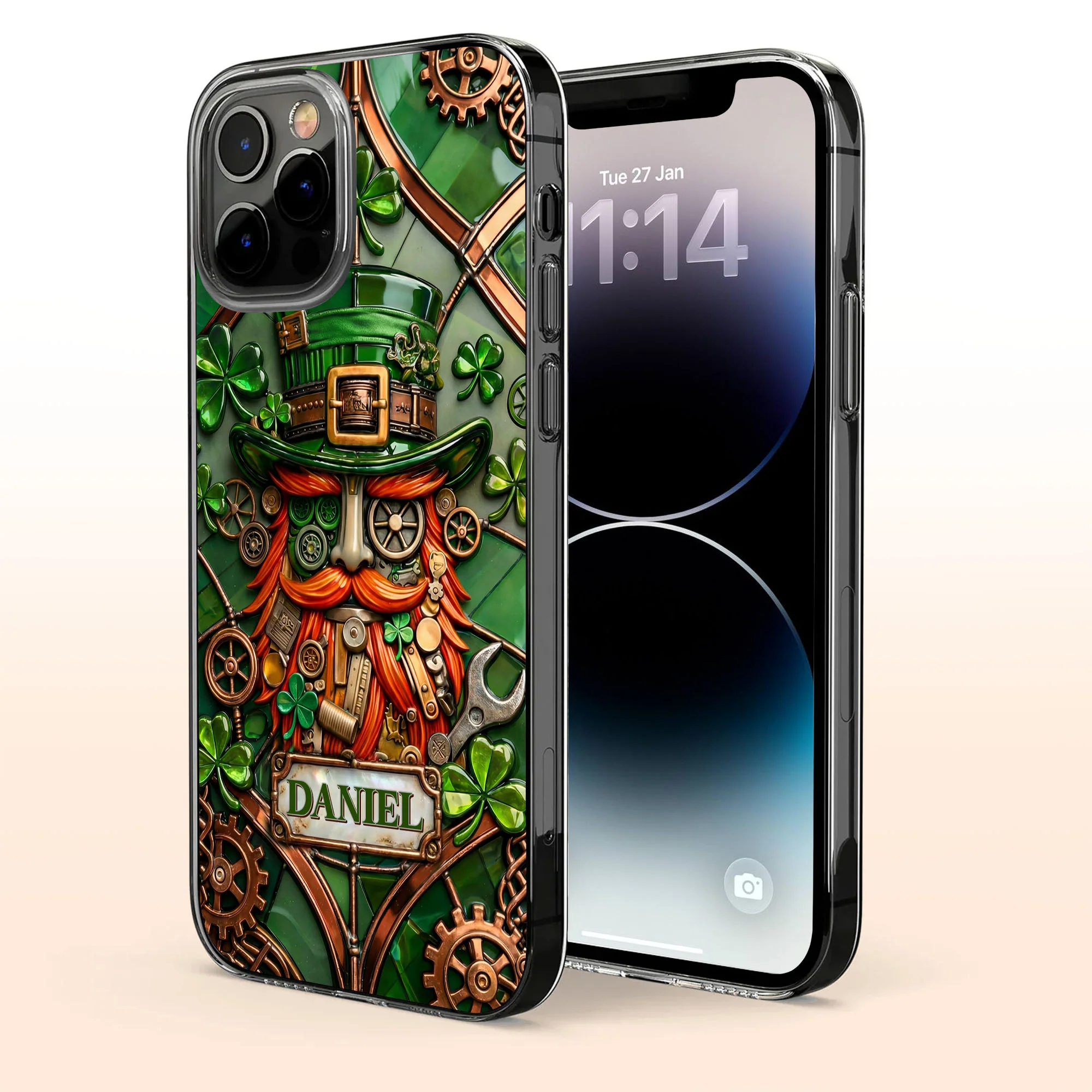 Steampunk Leprechaun With Shamrocks And Mechanical Gears Luck Design - Personalized Clear Phone Case - FAM804_PHC - Image 6