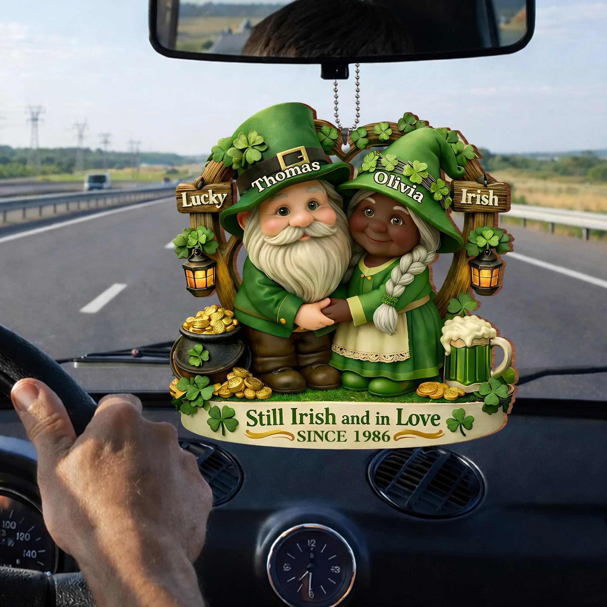 Still Irish And In Love Lucky Irish Gnomes With Pot Of Gold - Personalized Custom Wood Ornament, Car Hanging Ornament - CPL1408_WCA - Image 3