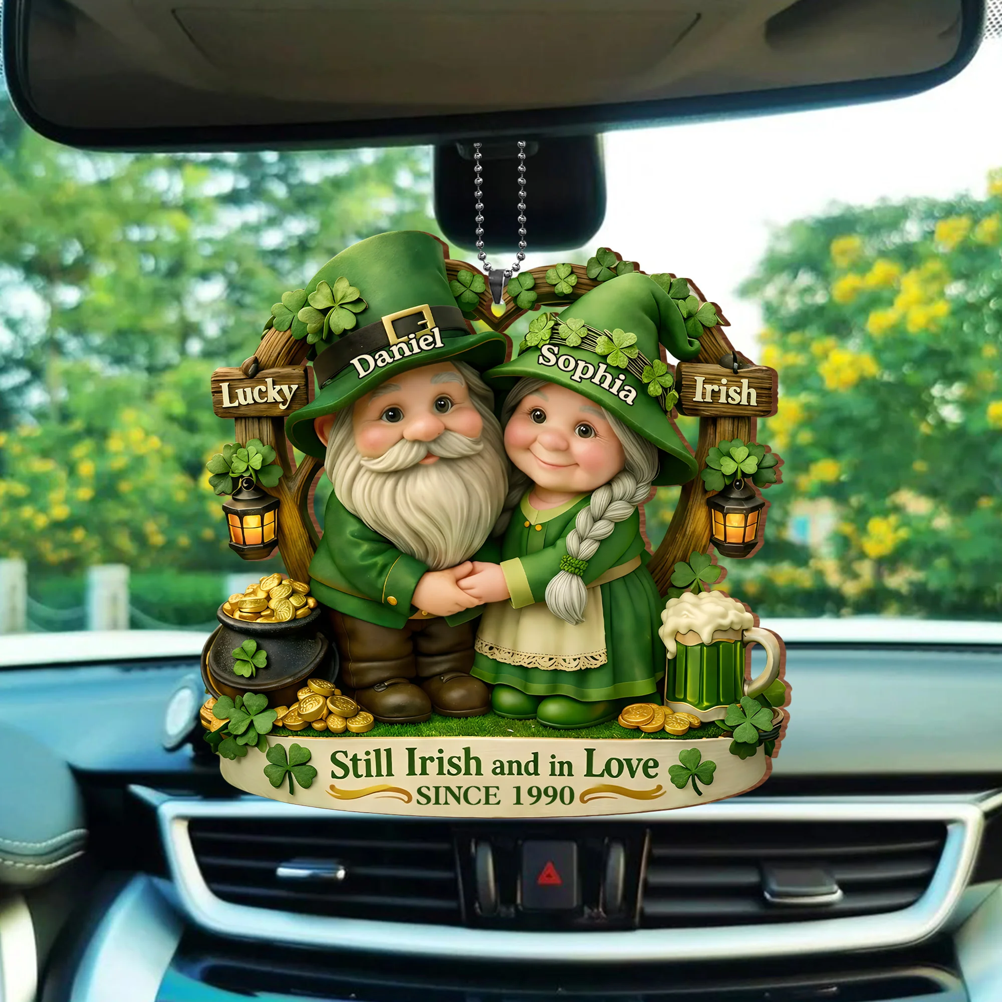 Still Irish And In Love Lucky Irish Gnomes With Pot Of Gold - Personalized Custom Wood Ornament, Car Hanging Ornament - CPL1408_WCA - Image 4