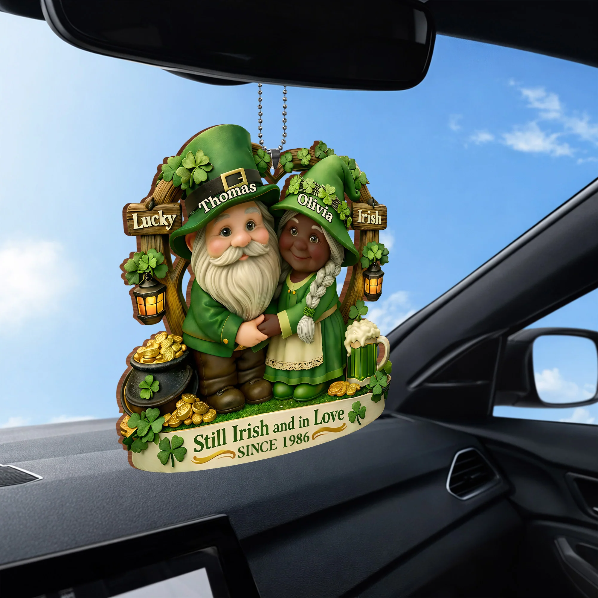 Still Irish And In Love Lucky Irish Gnomes With Pot Of Gold - Personalized Custom Wood Ornament, Car Hanging Ornament - CPL1408_WCA - Image 5