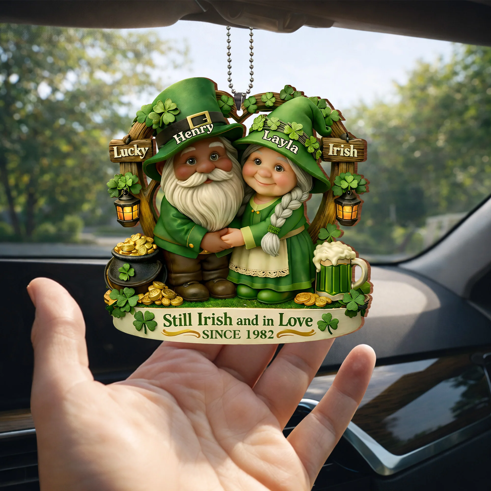 Still Irish And In Love Lucky Irish Gnomes With Pot Of Gold - Personalized Custom Wood Ornament, Car Hanging Ornament - CPL1408_WCA - Image 6