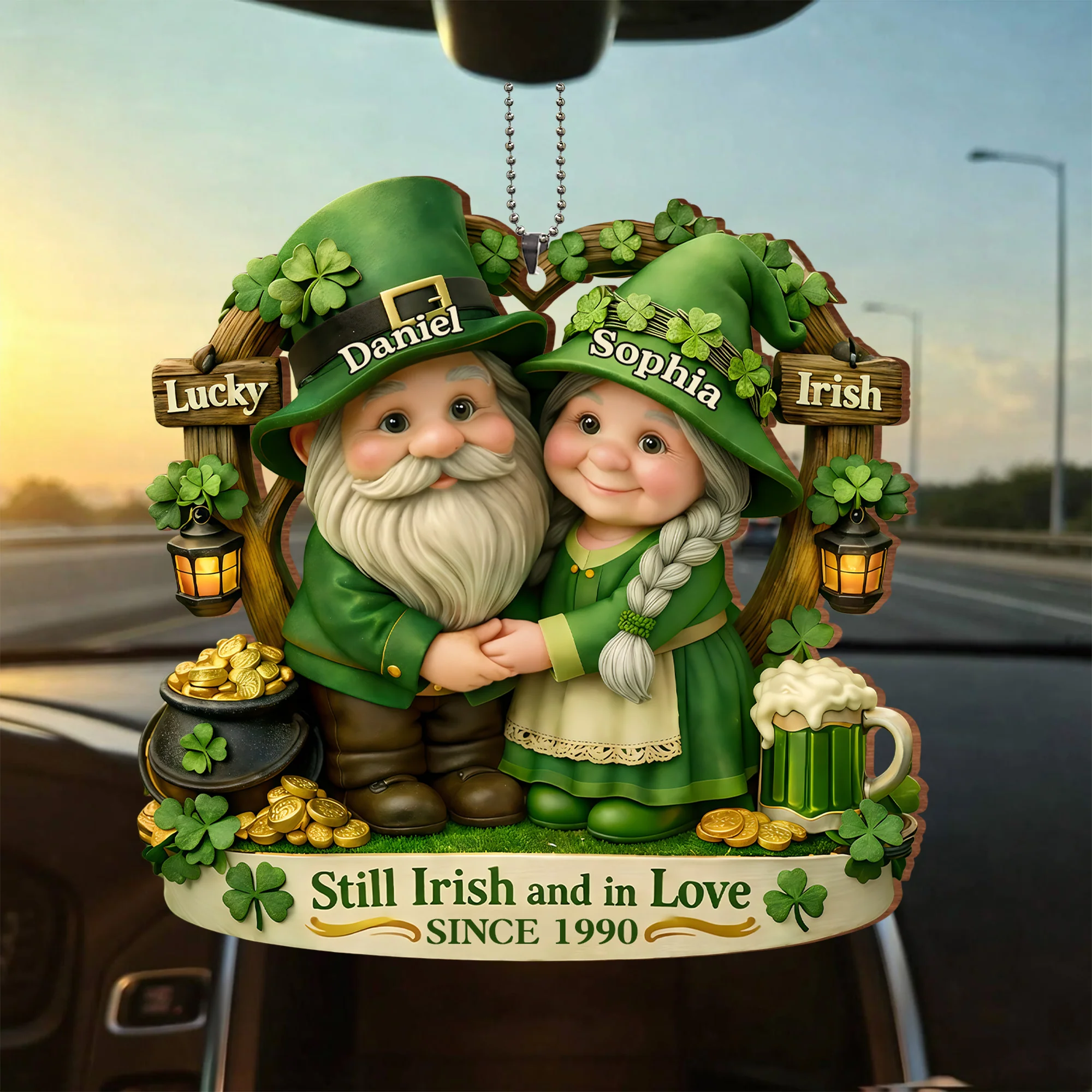 Still Irish And In Love Lucky Irish Gnomes With Pot Of Gold - Personalized Custom Wood Ornament, Car Hanging Ornament - CPL1408_WCA - Image 7