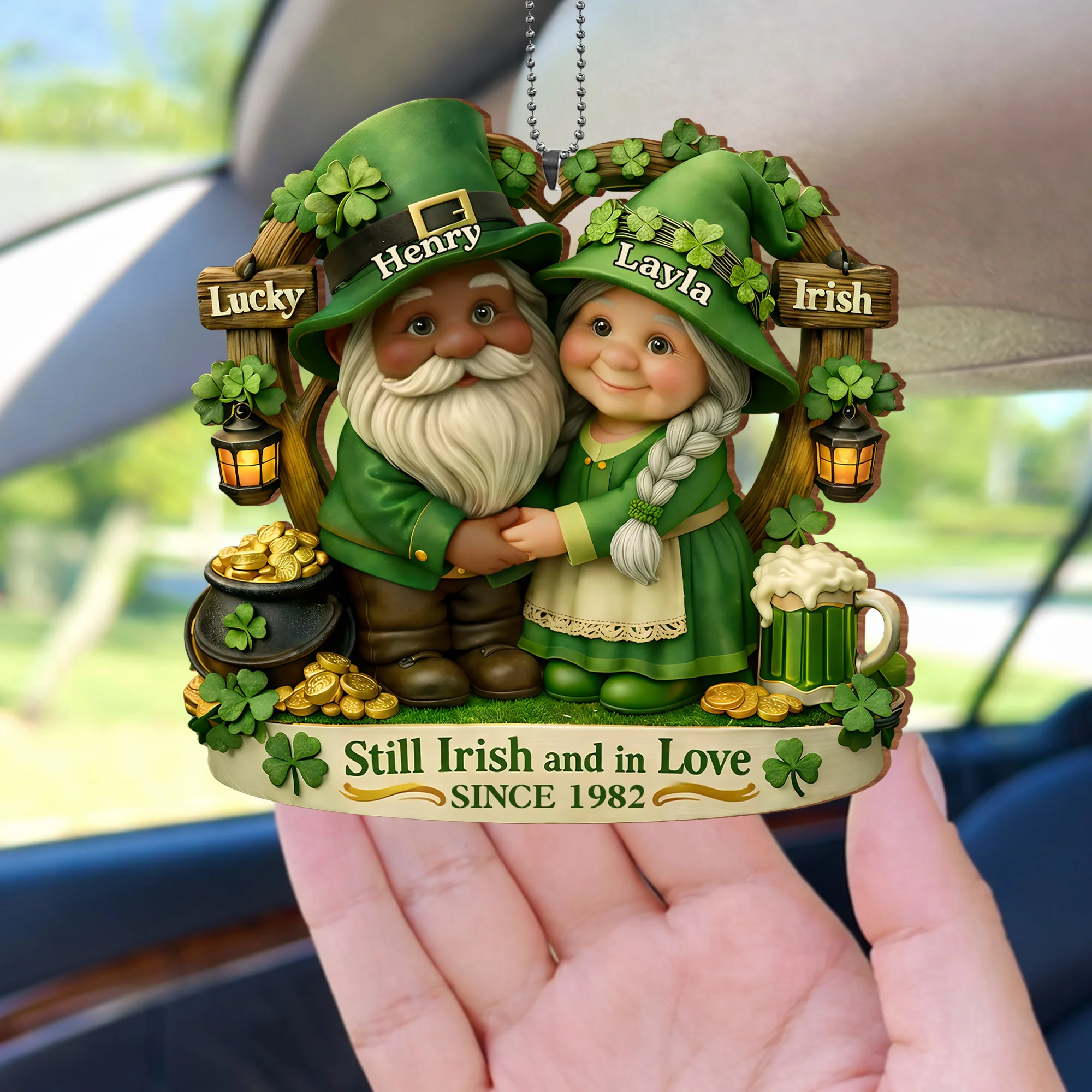 Still Irish And In Love Lucky Irish Gnomes With Pot Of Gold - Personalized Custom Wood Ornament, Car Hanging Ornament - CPL1408_WCA - Image 8