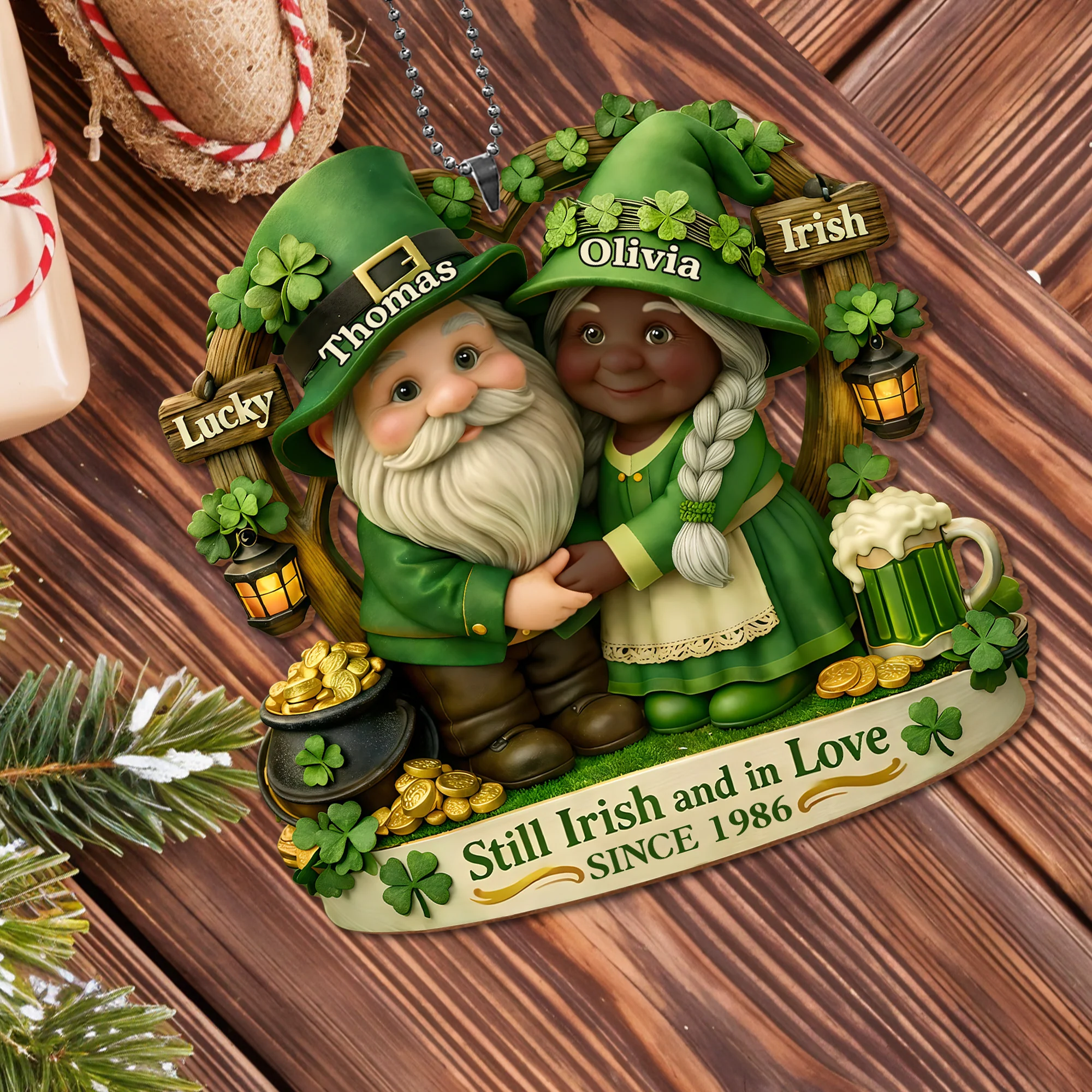 Still Irish And In Love Lucky Irish Gnomes With Pot Of Gold - Personalized Custom Wood Ornament, Car Hanging Ornament - CPL1408_WCA - Image 9