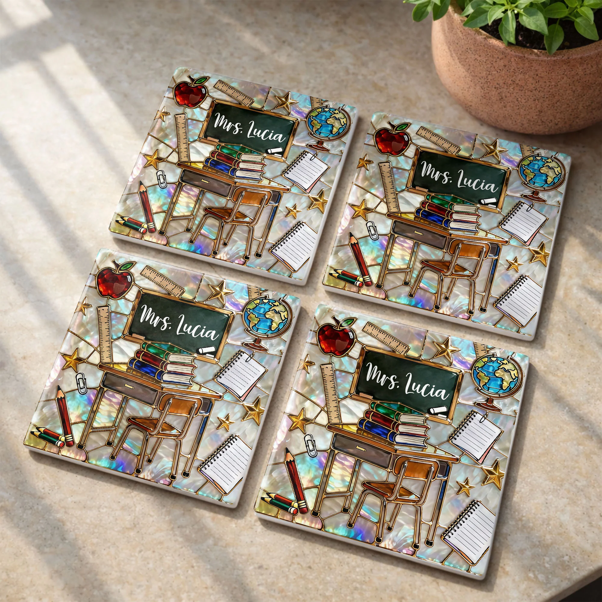 Teaching Is A Work Of Heart Art With School Desk And Apple - Personalized Custom Ceramic Coaster, Square Shape - TEACH070_SOCO - Image 12