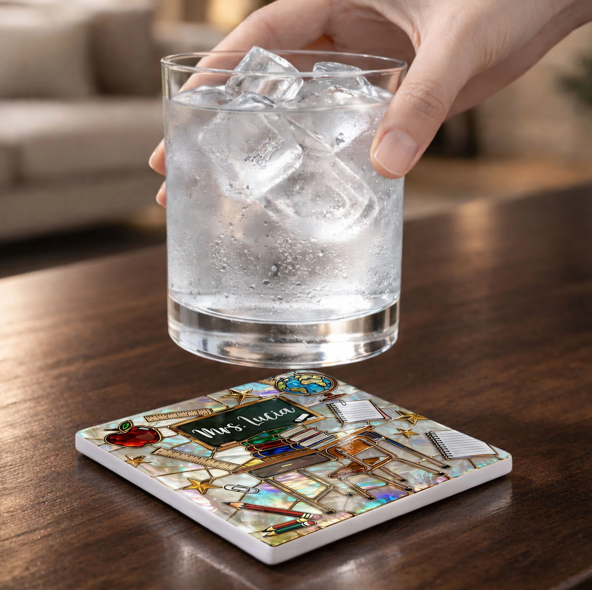 Teaching Is A Work Of Heart Art With School Desk And Apple - Personalized Custom Ceramic Coaster, Square Shape - TEACH070_SOCO - Image 3
