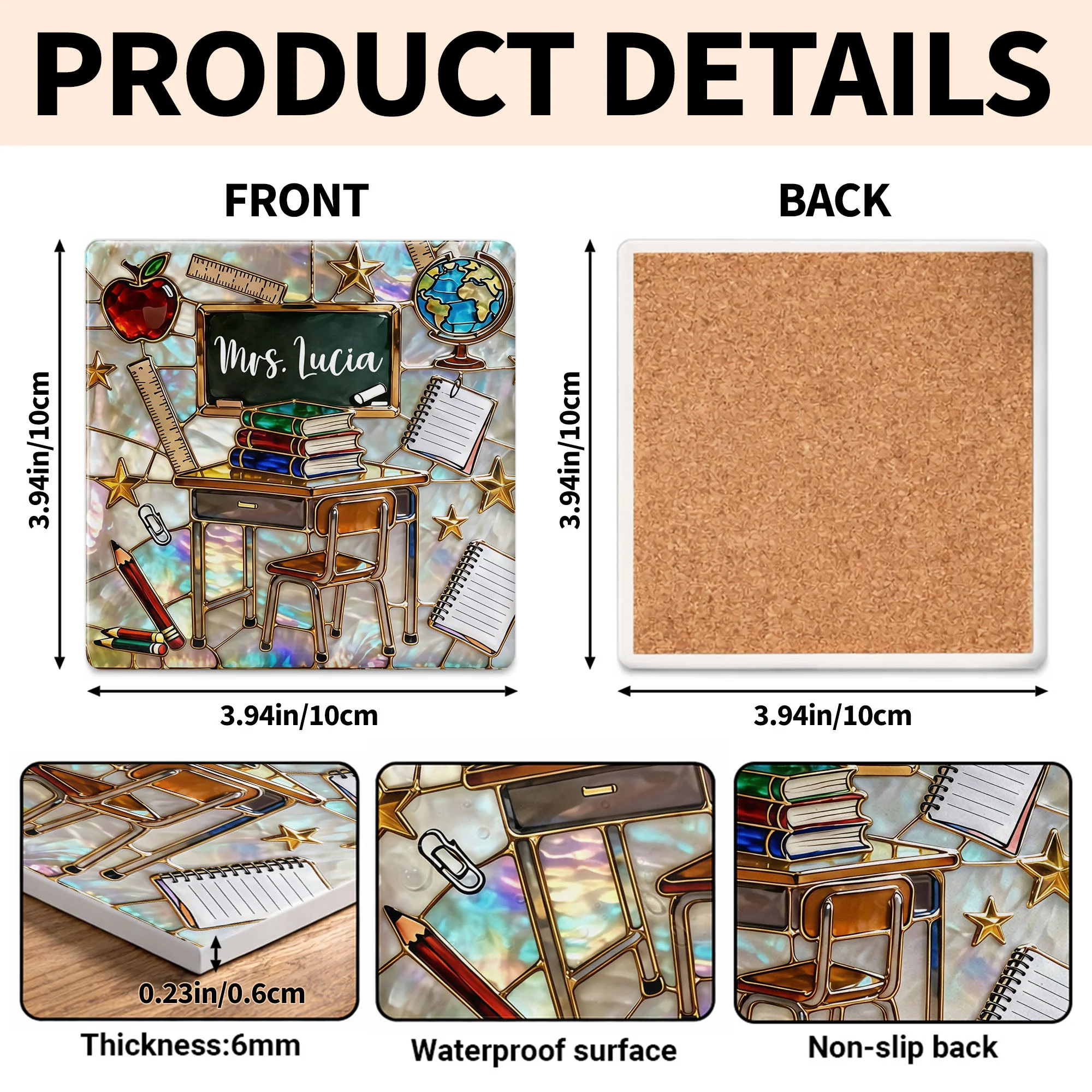 Teaching Is A Work Of Heart Art With School Desk And Apple - Personalized Custom Ceramic Coaster, Square Shape - TEACH070_SOCO - Image 5