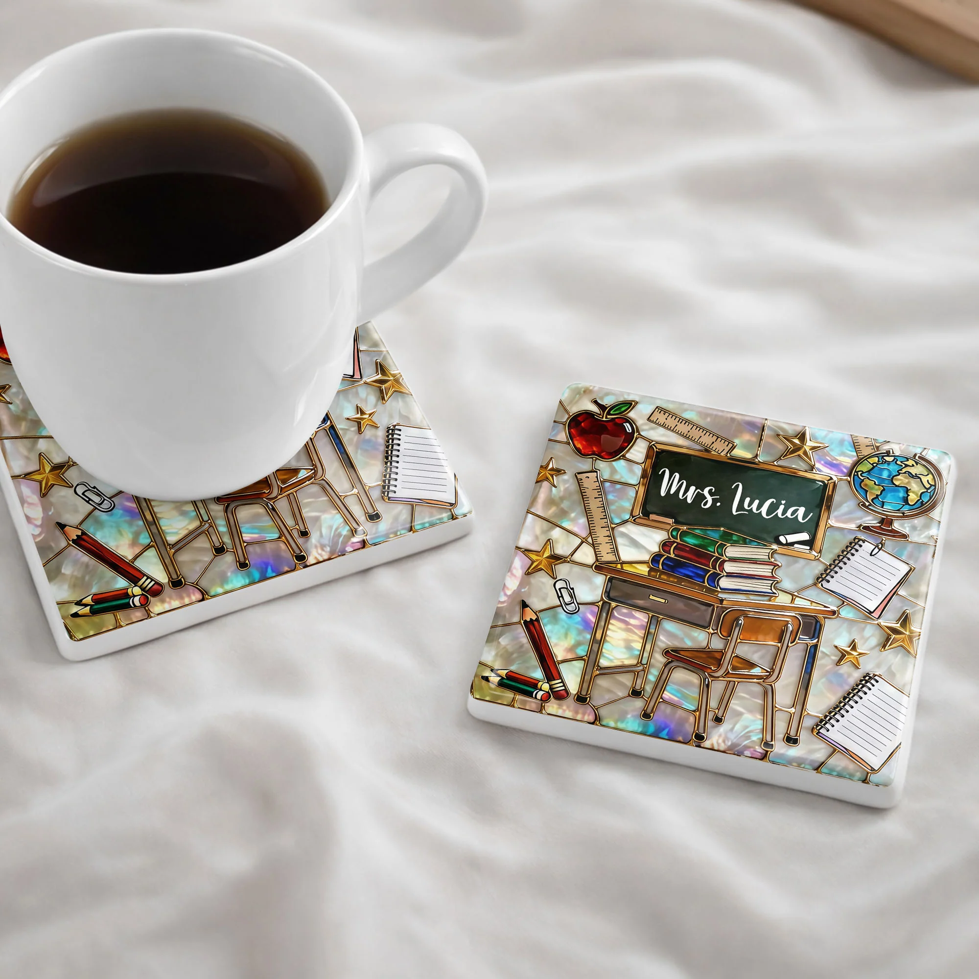 Teaching Is A Work Of Heart Art With School Desk And Apple - Personalized Custom Ceramic Coaster, Square Shape - TEACH070_SOCO - Image 9