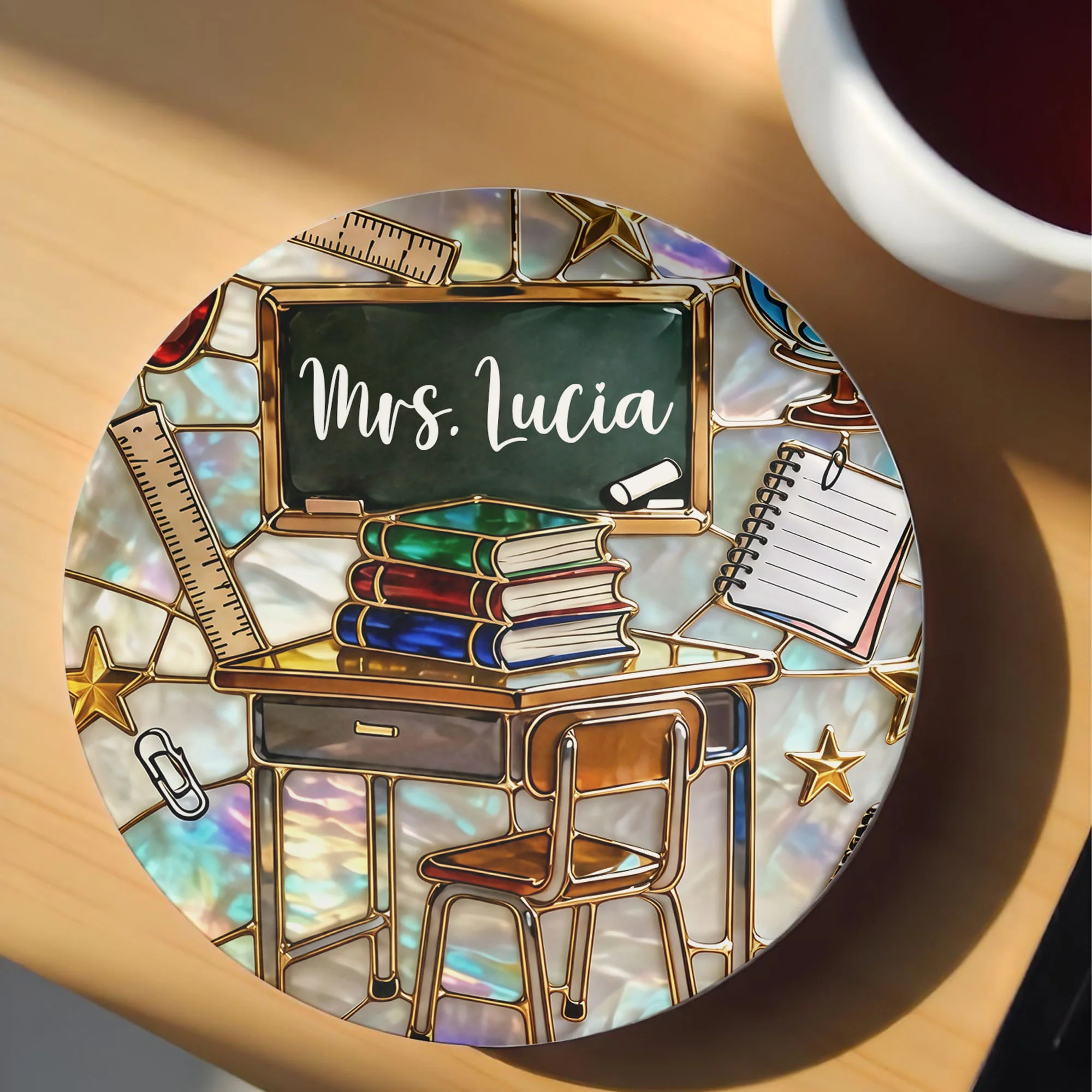 Teaching Is A Work Of Heart Classroom Chalkboard And Books Design - Personalized Custom Ceramic Coaster - TEACH070_ROCO - Image 5