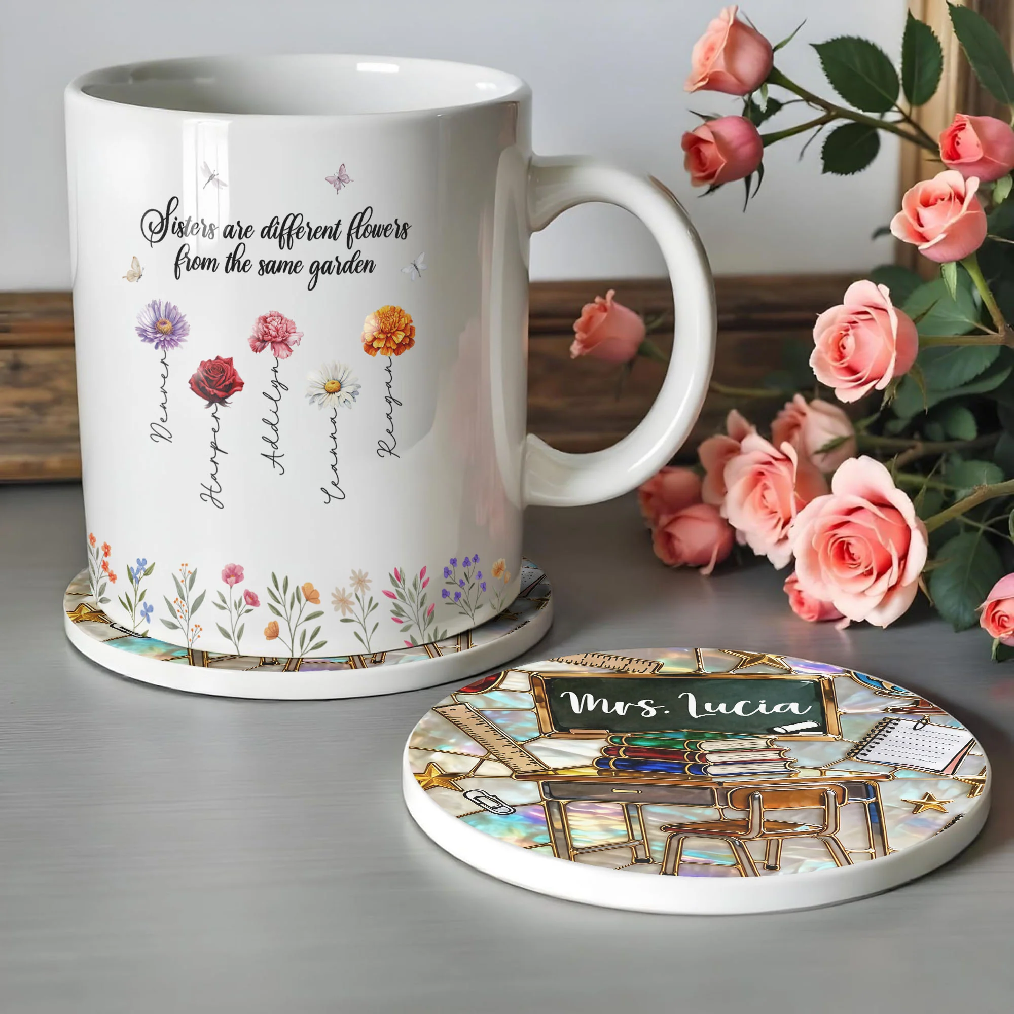 Teaching Is A Work Of Heart Classroom Chalkboard And Books Design - Personalized Custom Ceramic Coaster - TEACH070_ROCO - Image 6