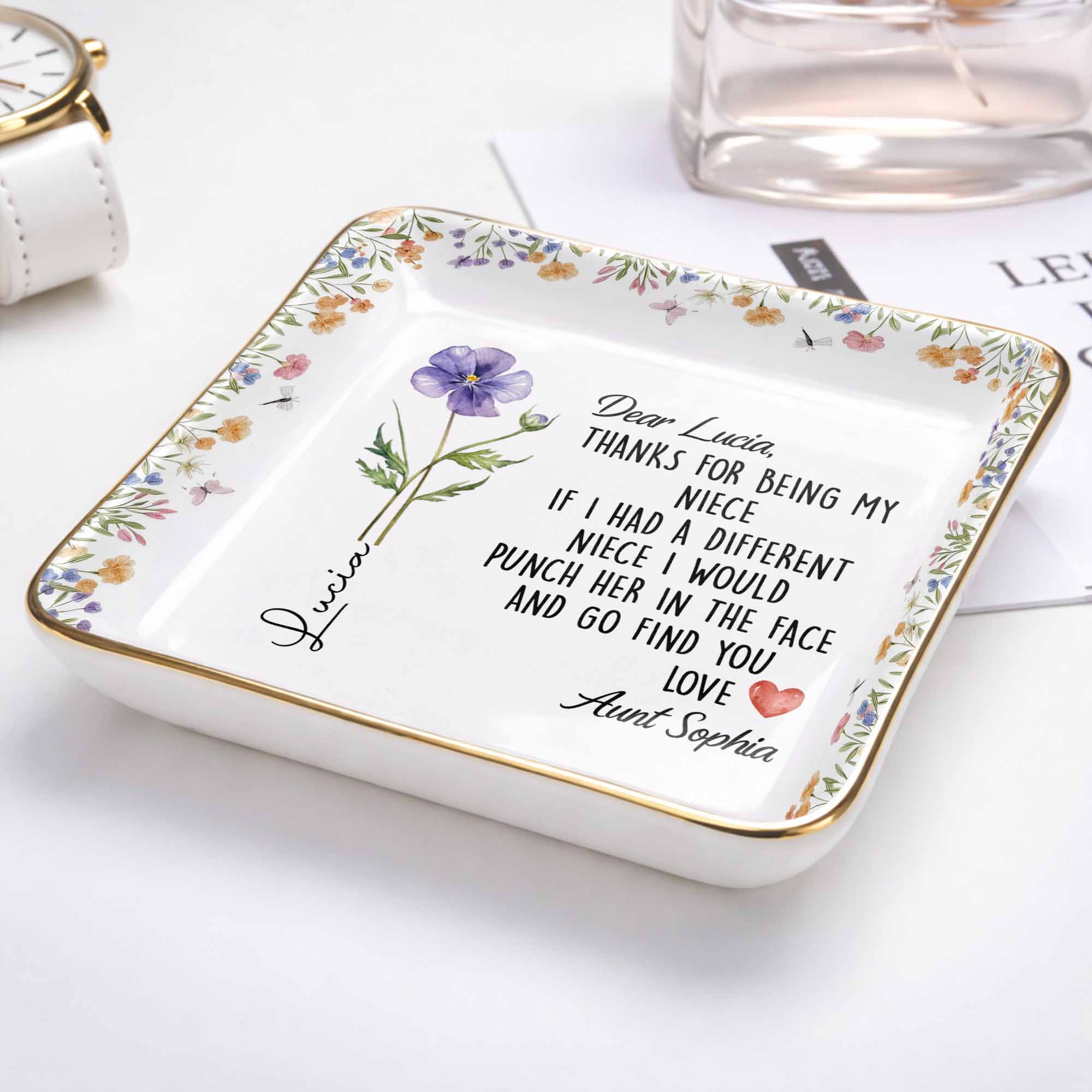 Thanks For Being My Niece Funny Message With Purple Flower - Personalized Custom Jewelry Dish, Ceramic Dish, Square Shape - NCE043_SCRF - Image 5