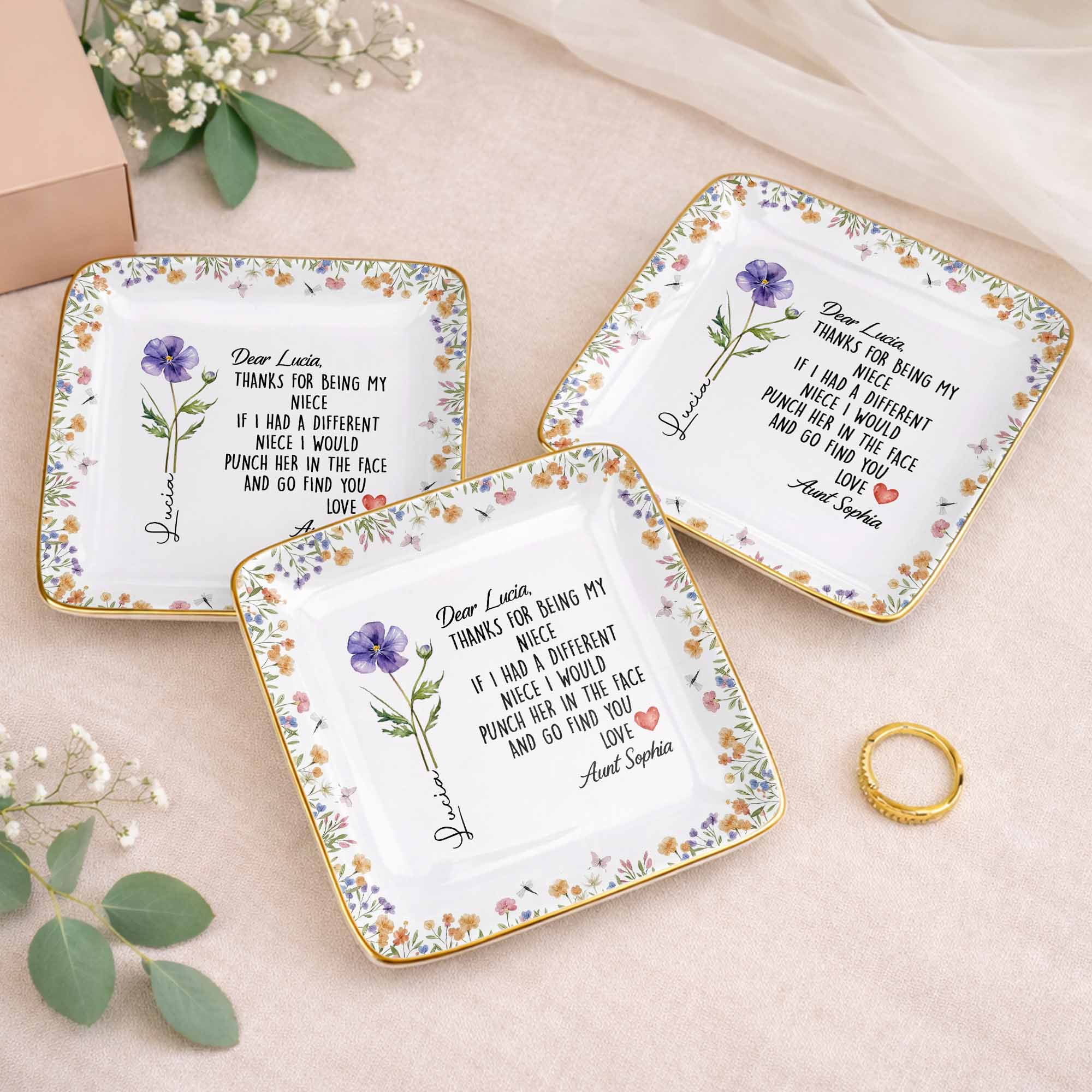 Thanks For Being My Niece Funny Message With Purple Flower - Personalized Custom Jewelry Dish, Ceramic Dish, Square Shape - NCE043_SCRF - Image 6