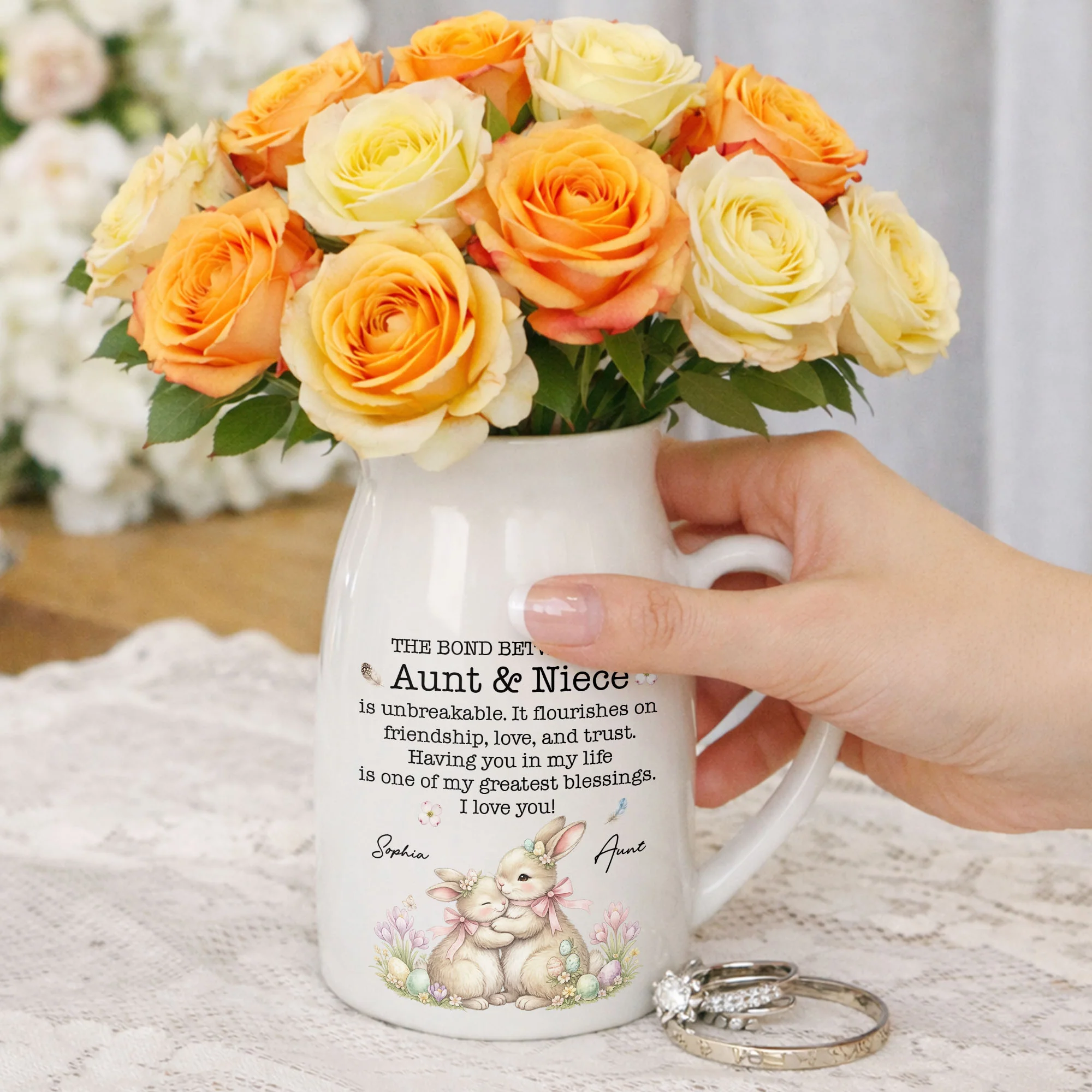 The Bond Between An Aunt And Niece Unbreakable Blessing With Bunnies And Flowers - Personalized Ceramic Flower Vase - NCE044_CEV - Image 10