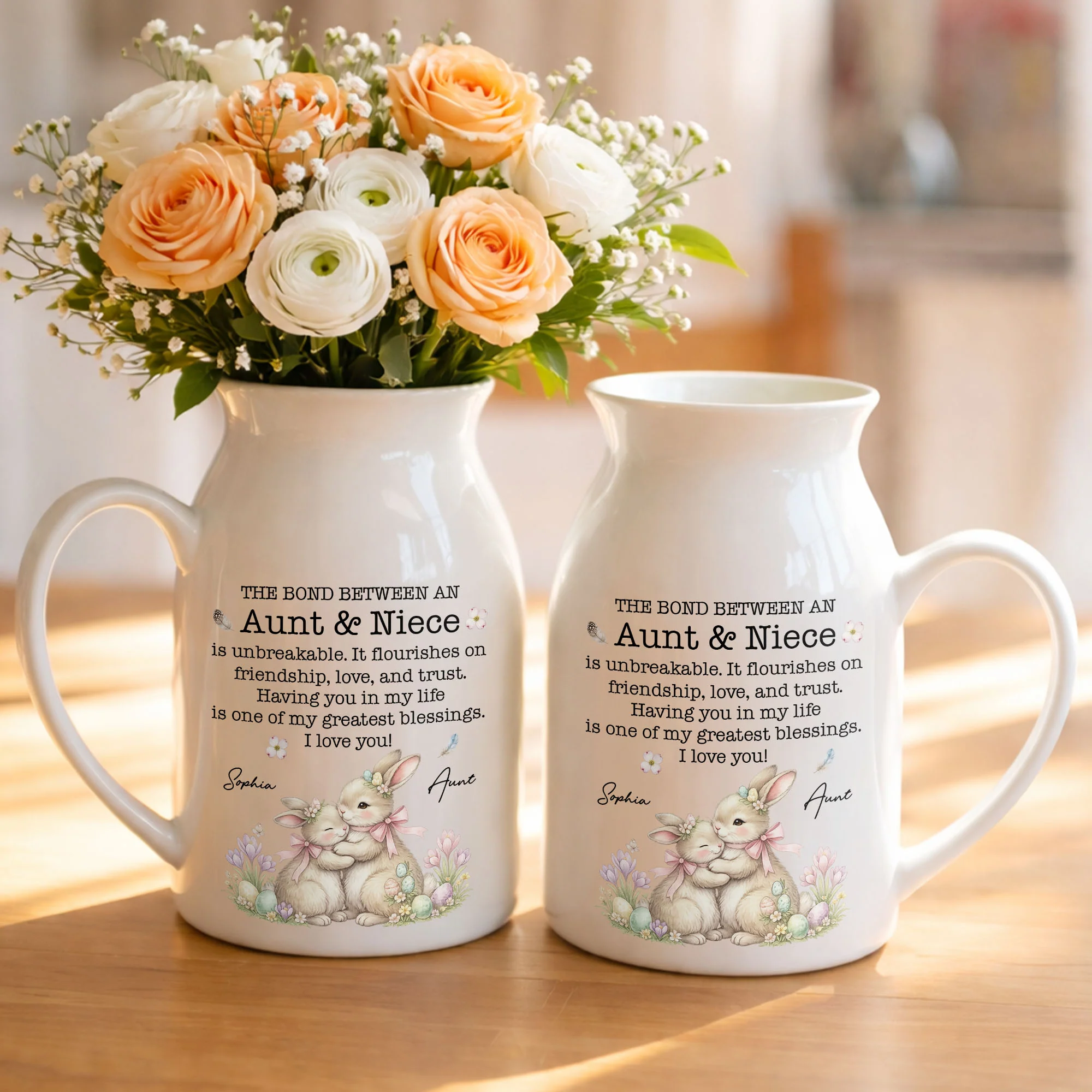 The Bond Between An Aunt And Niece Unbreakable Blessing With Bunnies And Flowers - Personalized Ceramic Flower Vase - NCE044_CEV - Image 11