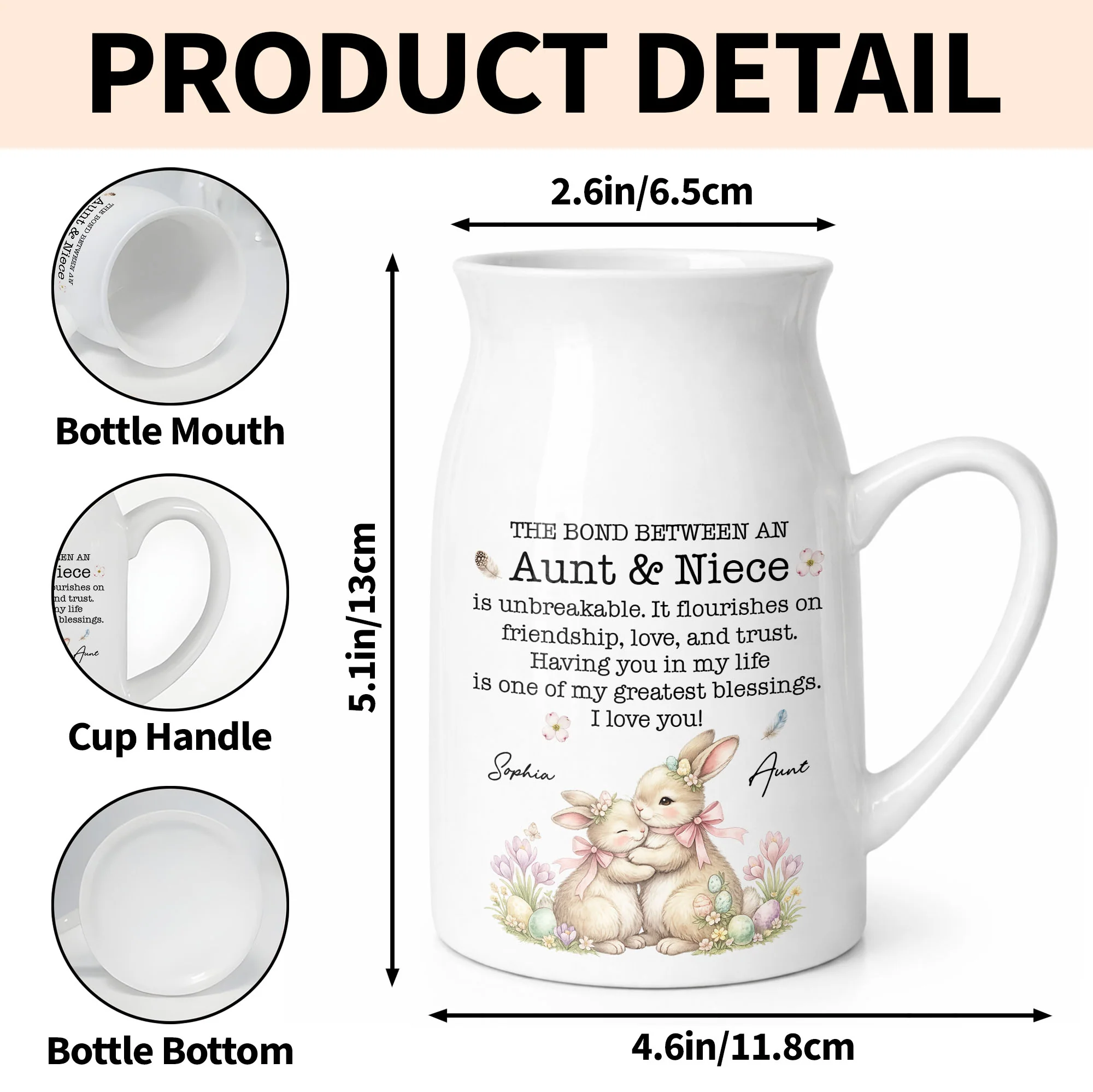 The Bond Between An Aunt And Niece Unbreakable Blessing With Bunnies And Flowers - Personalized Ceramic Flower Vase - NCE044_CEV - Image 3