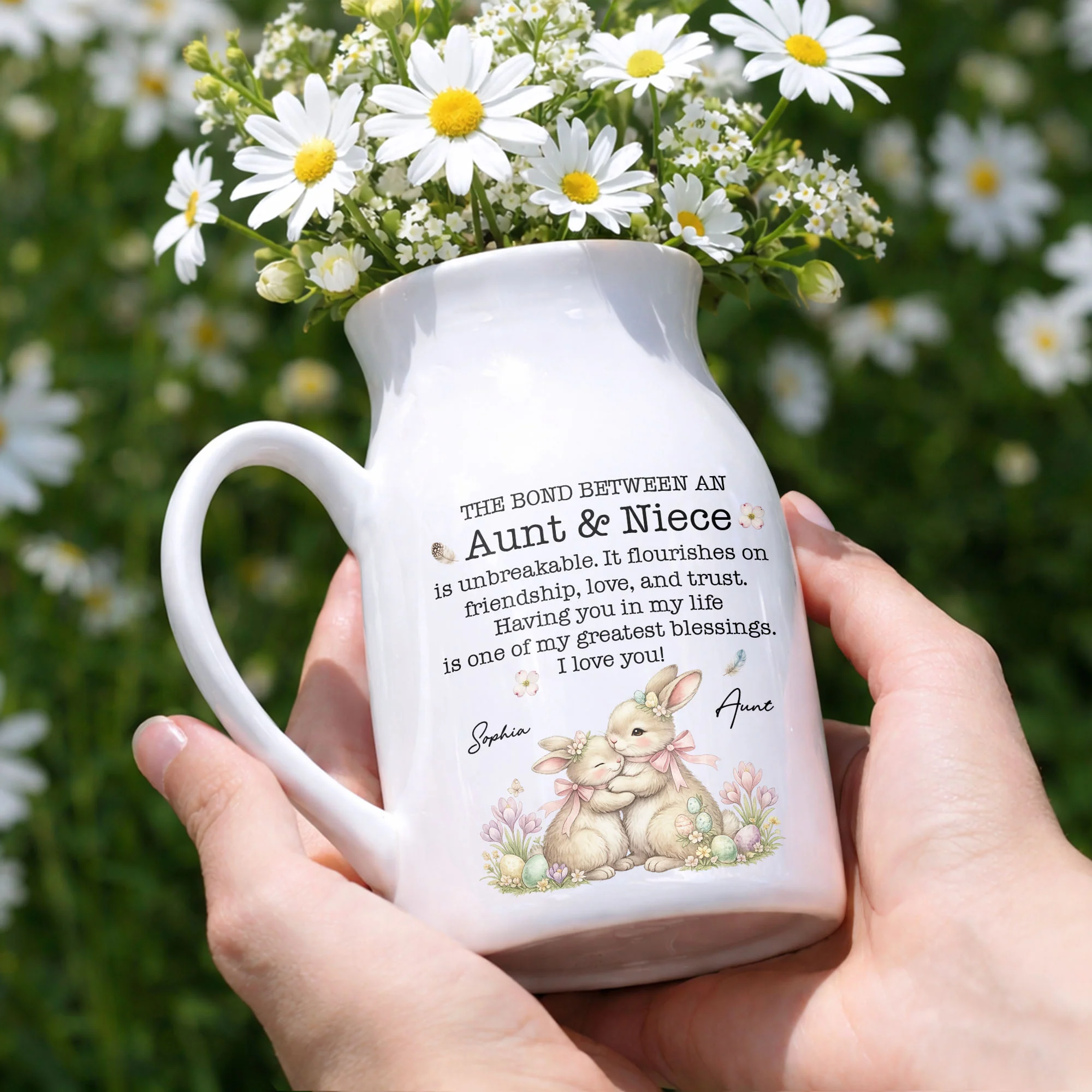 The Bond Between An Aunt And Niece Unbreakable Blessing With Bunnies And Flowers - Personalized Ceramic Flower Vase - NCE044_CEV - Image 4