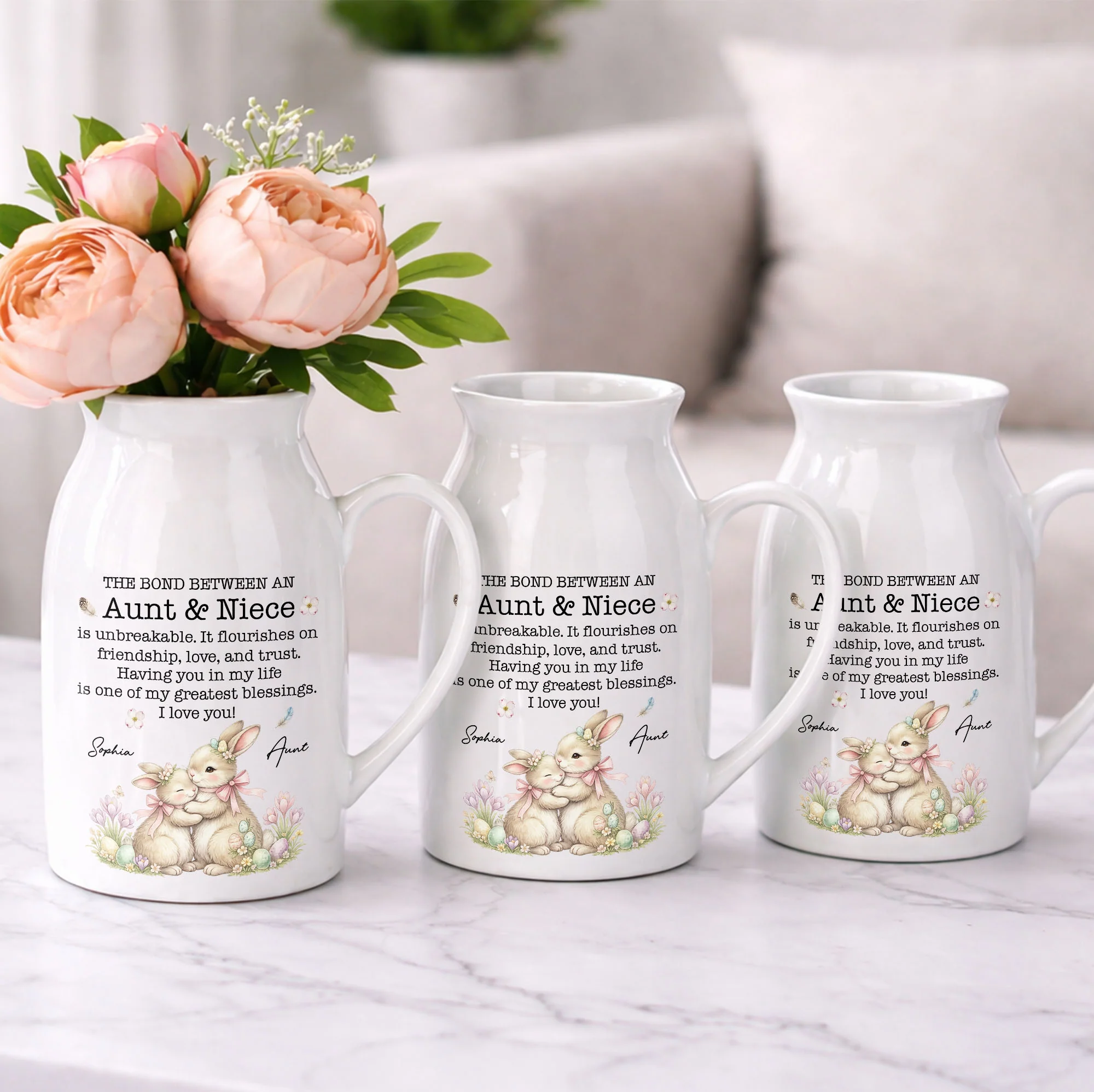 The Bond Between An Aunt And Niece Unbreakable Blessing With Bunnies And Flowers - Personalized Ceramic Flower Vase - NCE044_CEV - Image 6