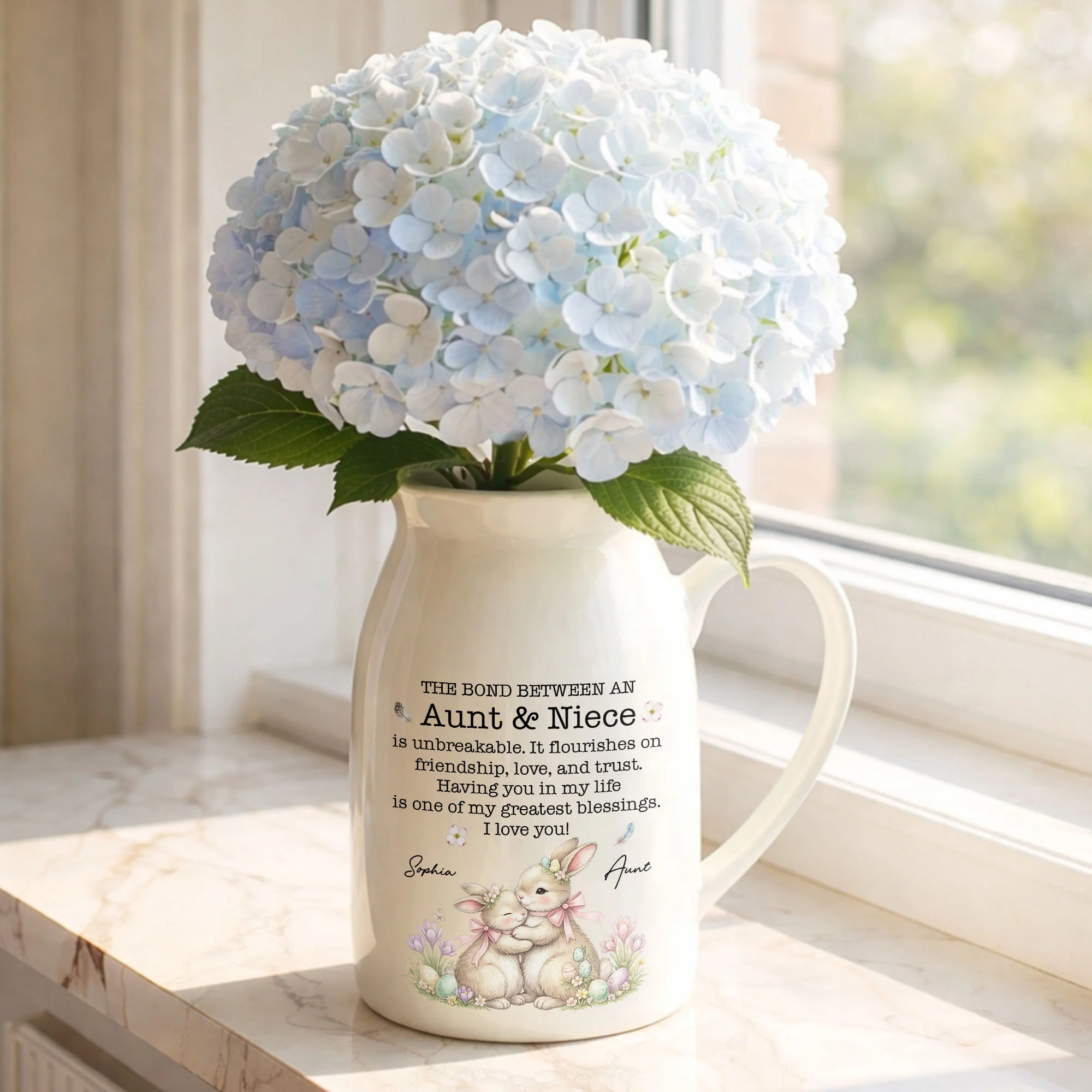 The Bond Between An Aunt And Niece Unbreakable Blessing With Bunnies And Flowers - Personalized Ceramic Flower Vase - NCE044_CEV - Image 7