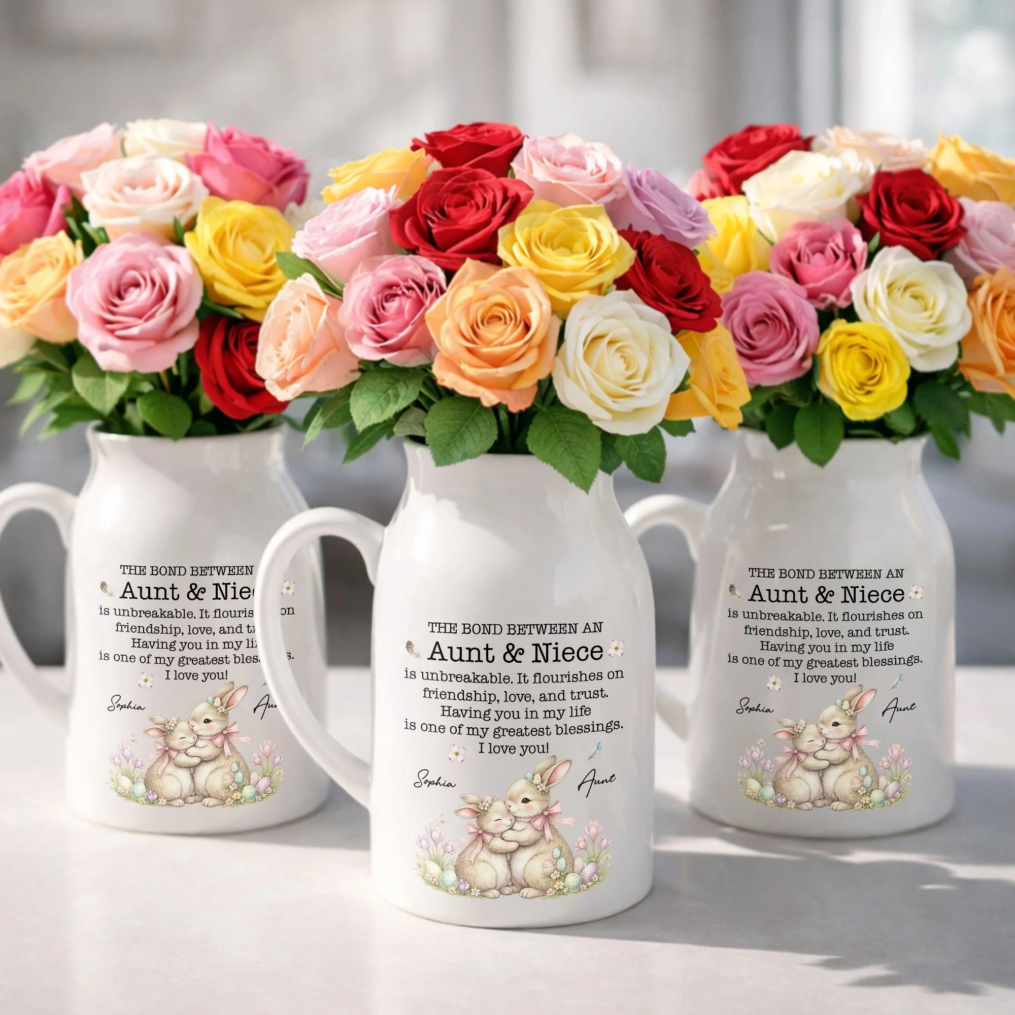 The Bond Between An Aunt And Niece Unbreakable Blessing With Bunnies And Flowers - Personalized Ceramic Flower Vase - NCE044_CEV - Image 8