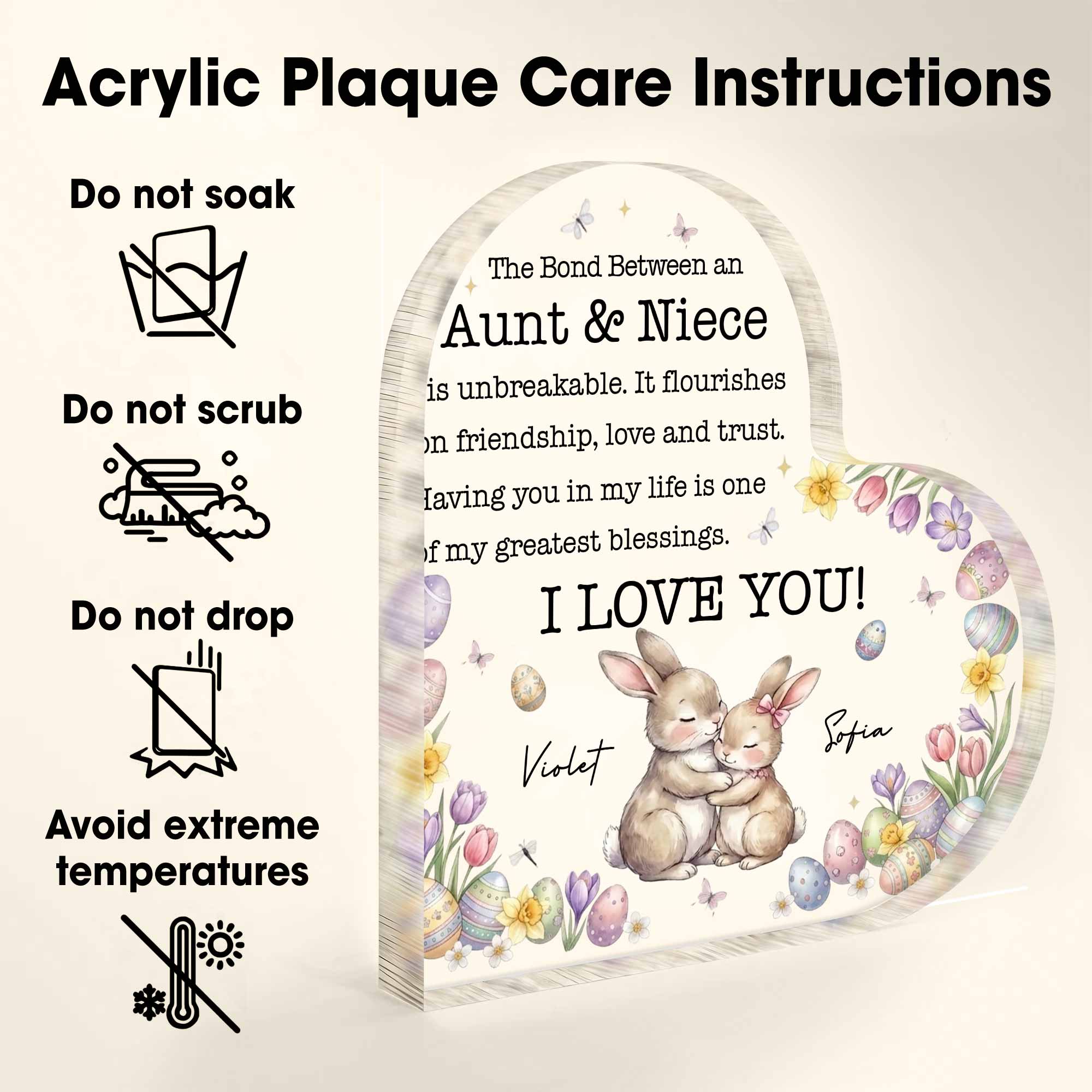 The Bond Between An Aunt And Niece Unbreakable Message With Bunnies And Easter Eggs - Personalized Heart Shaped Acrylic Plaque - NCE045_HAP - Image 4