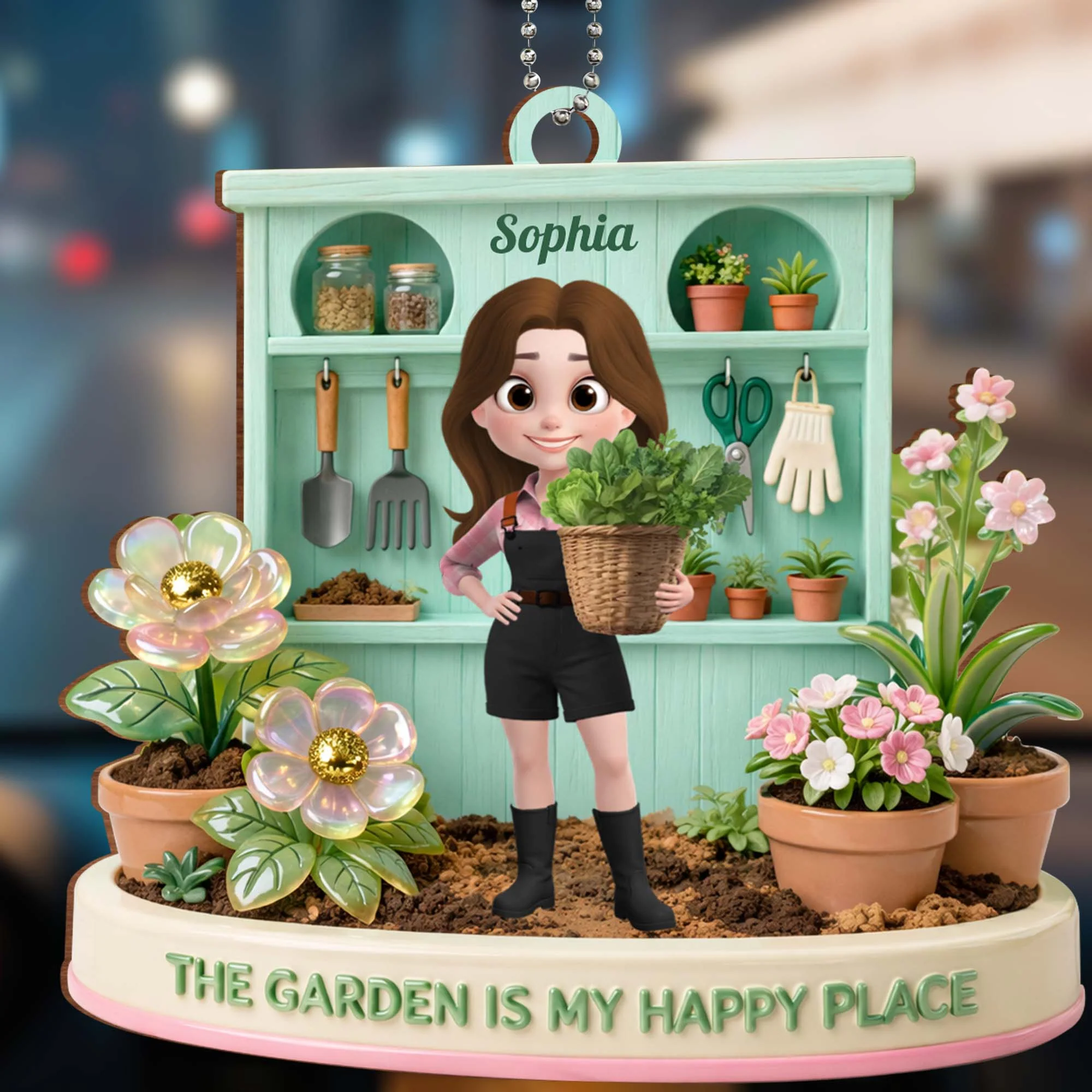 The Garden Is My Happy Place Personalized Girl With Potted Plants And Flowers - Personalized Custom Wood Ornament, Car Hanging Ornament - GAR039_WCA - Image 3