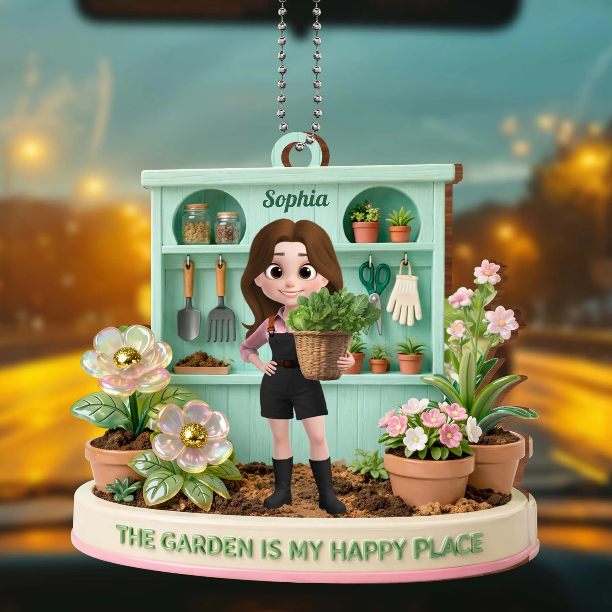 The Garden Is My Happy Place Personalized Girl With Potted Plants And Flowers - Personalized Custom Wood Ornament, Car Hanging Ornament - GAR039_WCA - Image 5