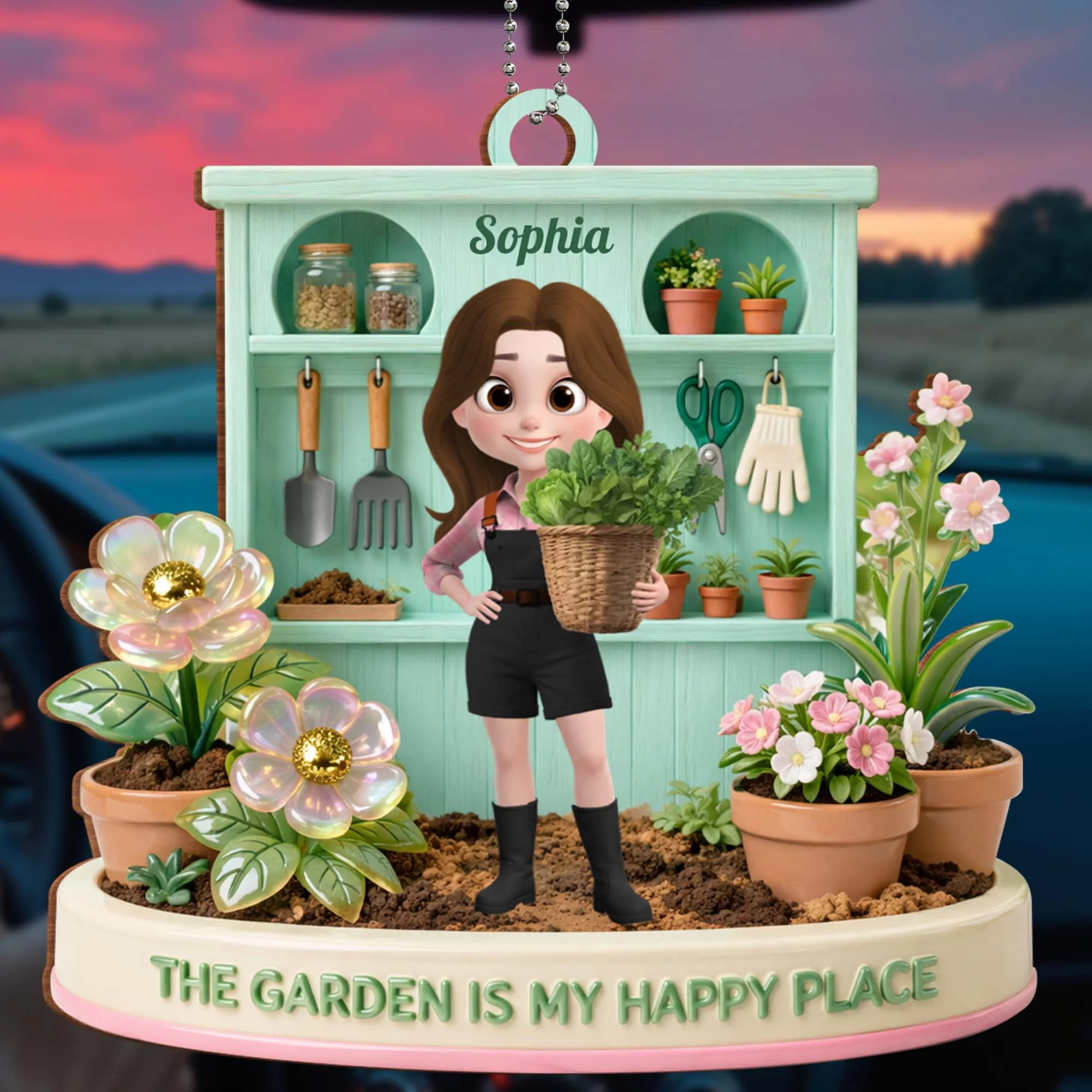 The Garden Is My Happy Place Personalized Girl With Potted Plants And Flowers - Personalized Custom Wood Ornament, Car Hanging Ornament - GAR039_WCA - Image 6