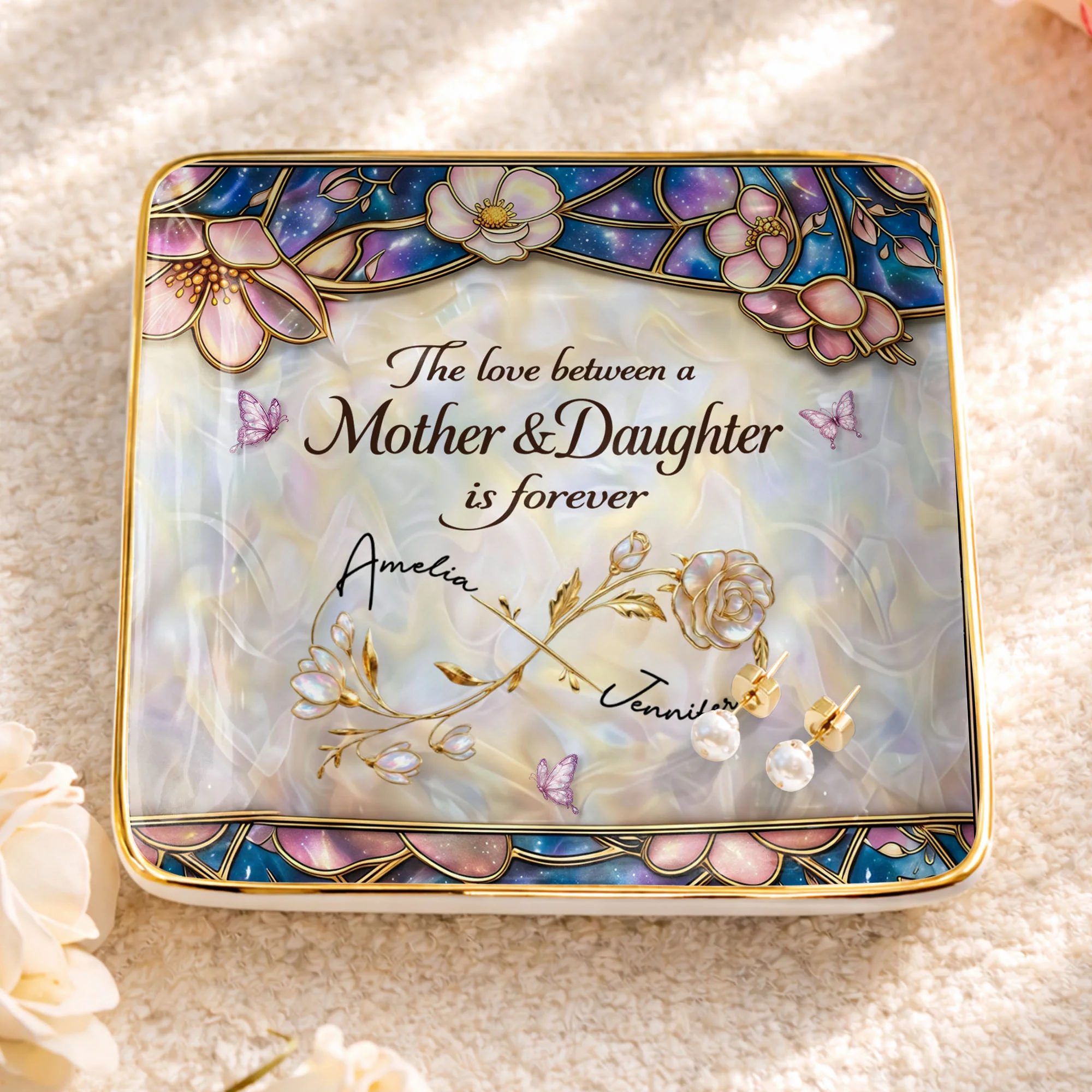 The Love Between A Mother And Daughter Is Forever Flower Butterfly Dish - Personalized Custom Jewelry Dish, Ceramic Dish, Square Shape - MOM196_SCRF - Image 3