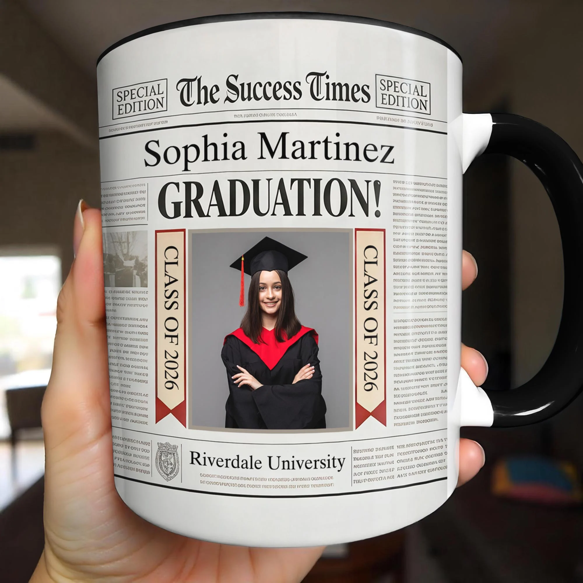 The Success Times Graduation Newspaper Design With Custom Photo And School Name - Personalized Custom Accent Mug - GRAD356_AMUG