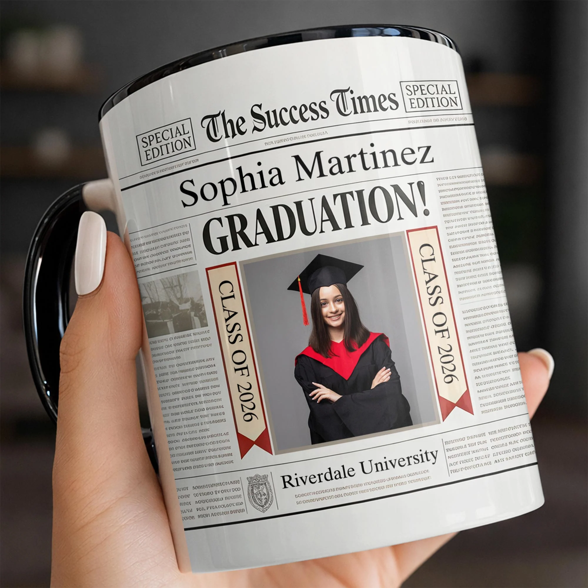 The Success Times Graduation Newspaper Design With Custom Photo And School Name - Personalized Custom Accent Mug - GRAD356_AMUG - Image 2