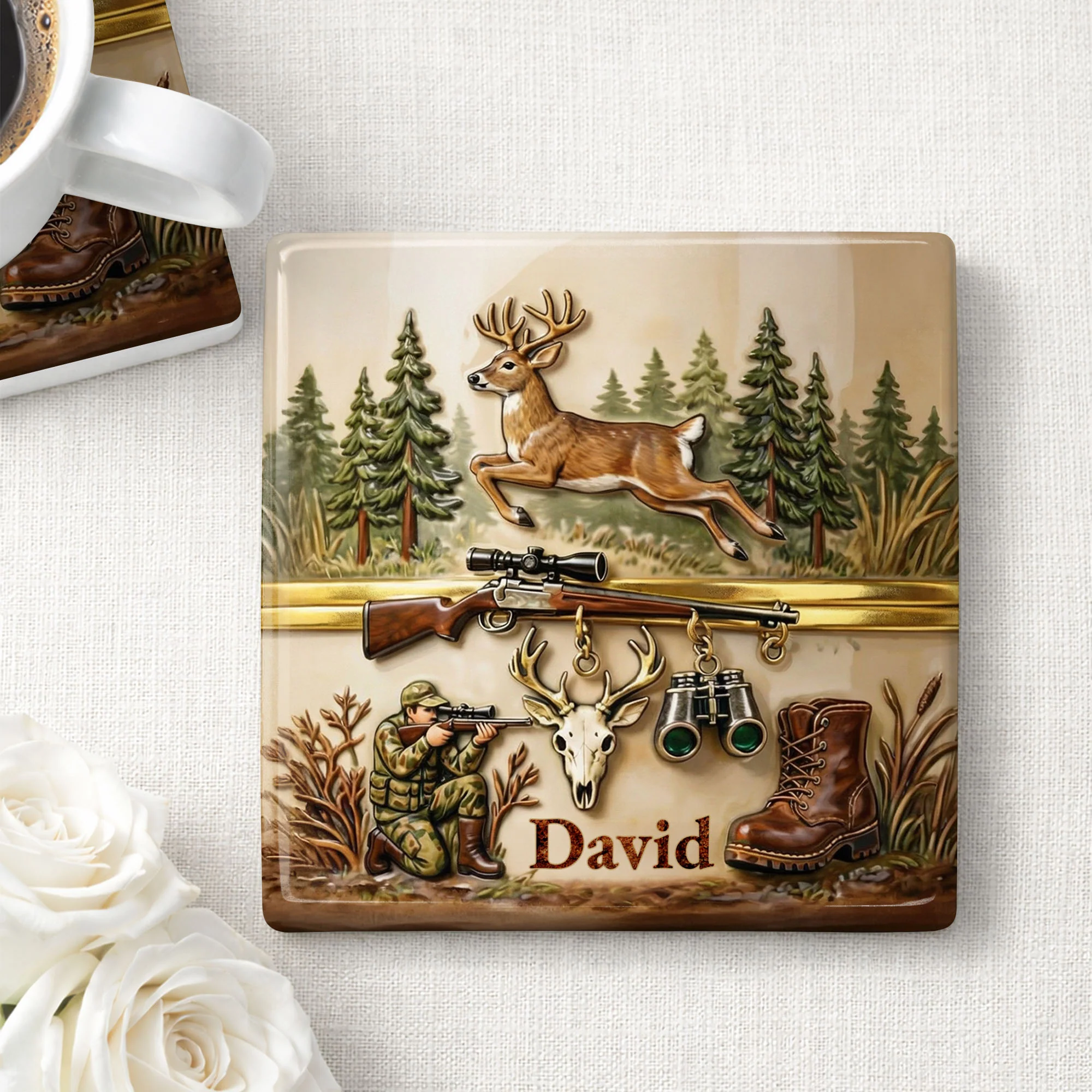 The Thrill Of The Hunt With Deer And Rifle For Outdoorsmen - Personalized Custom Ceramic Coaster, Square Shape - HTG006_SOCO