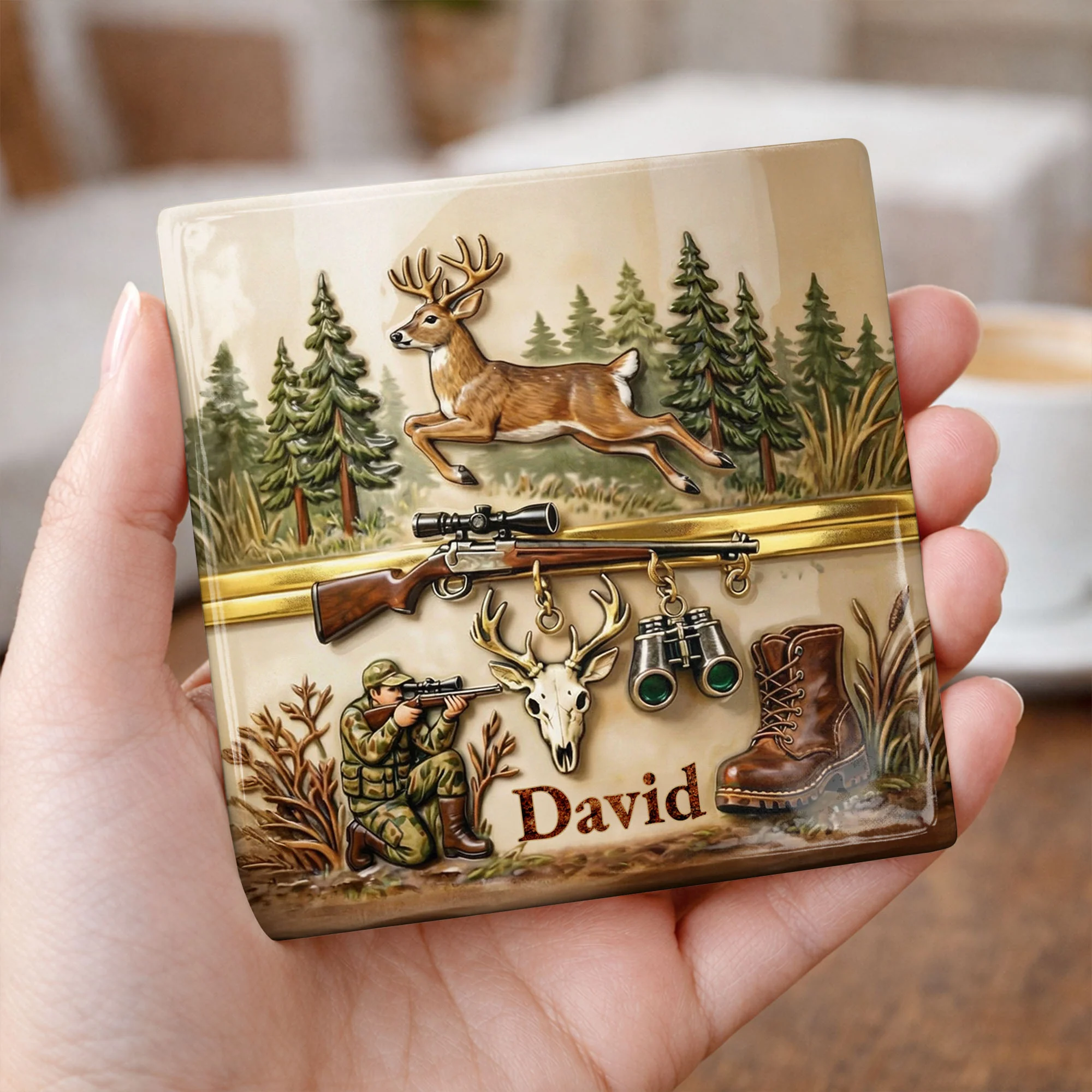 The Thrill Of The Hunt With Deer And Rifle For Outdoorsmen - Personalized Custom Ceramic Coaster, Square Shape - HTG006_SOCO - Image 2