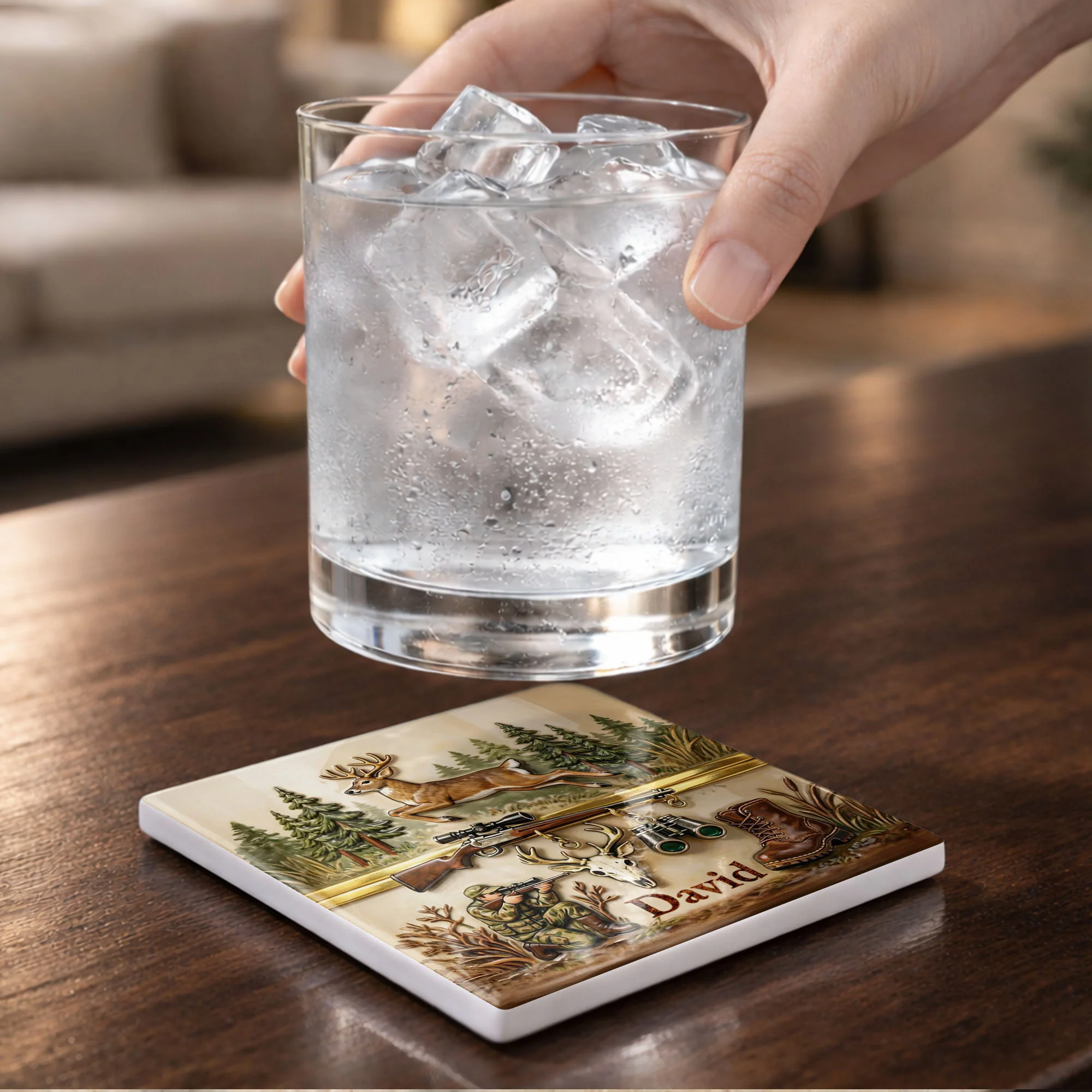 The Thrill Of The Hunt With Deer And Rifle For Outdoorsmen - Personalized Custom Ceramic Coaster, Square Shape - HTG006_SOCO - Image 3