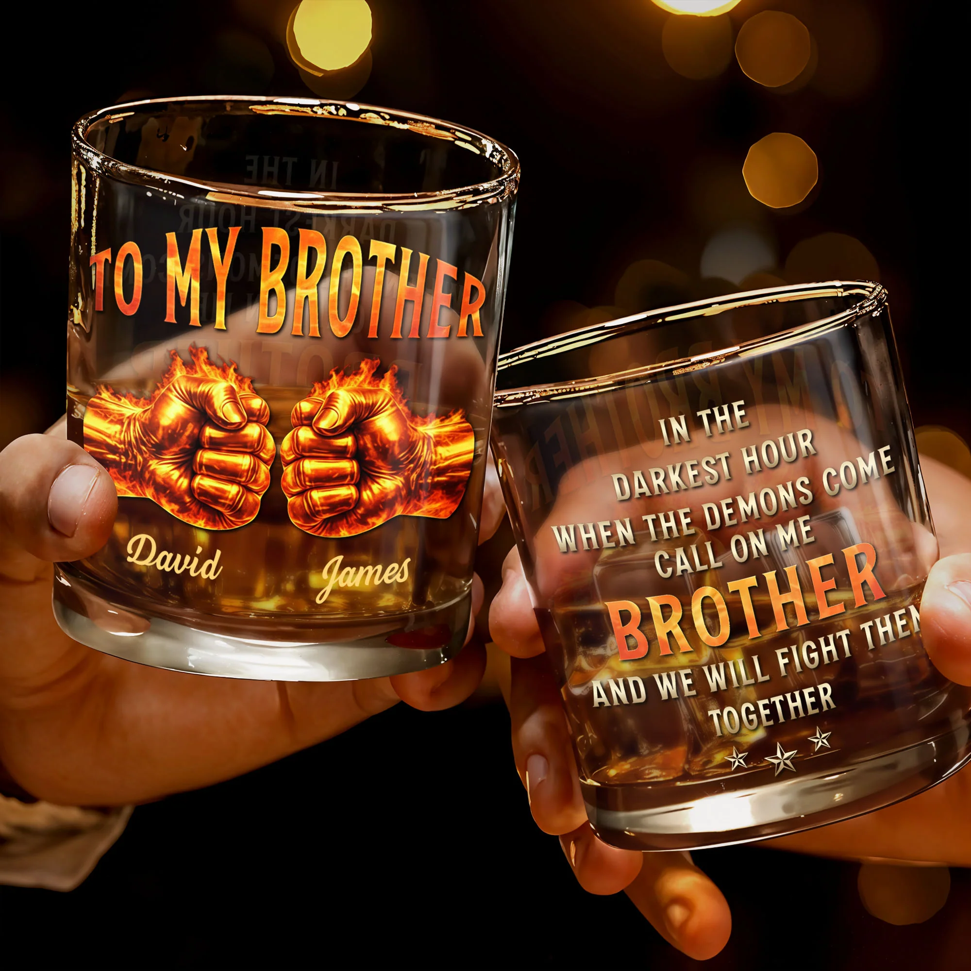 To My Brother Flaming Fists Of Bond And Strength - Personalized Custom Whiskey Glass - BRT031_RWG - Image 3