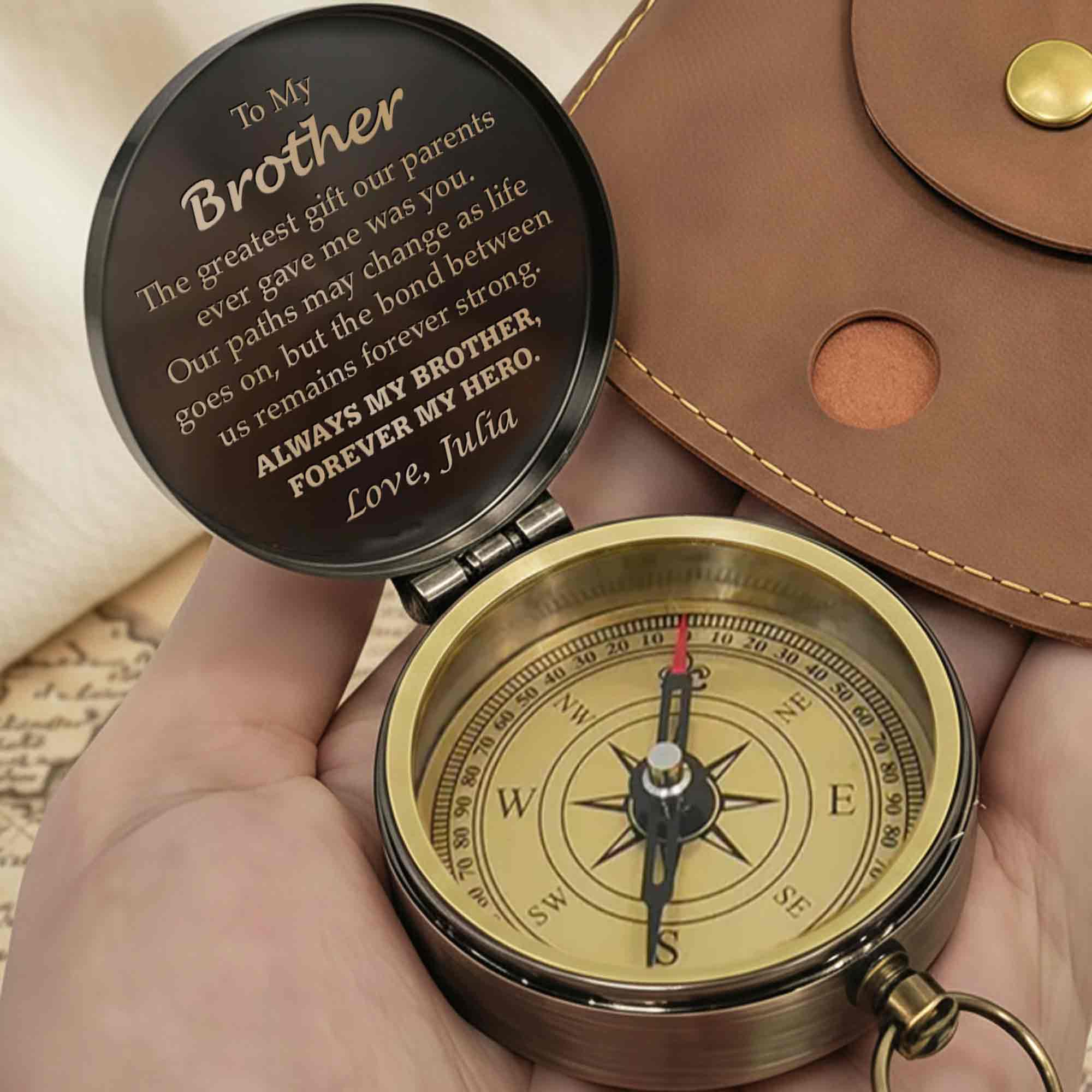 To My Brother The Greatest Gift Engraved Compass With Leather Case - Personalized Engraved Brass Compass - BRT010_ECPASS - Image 9