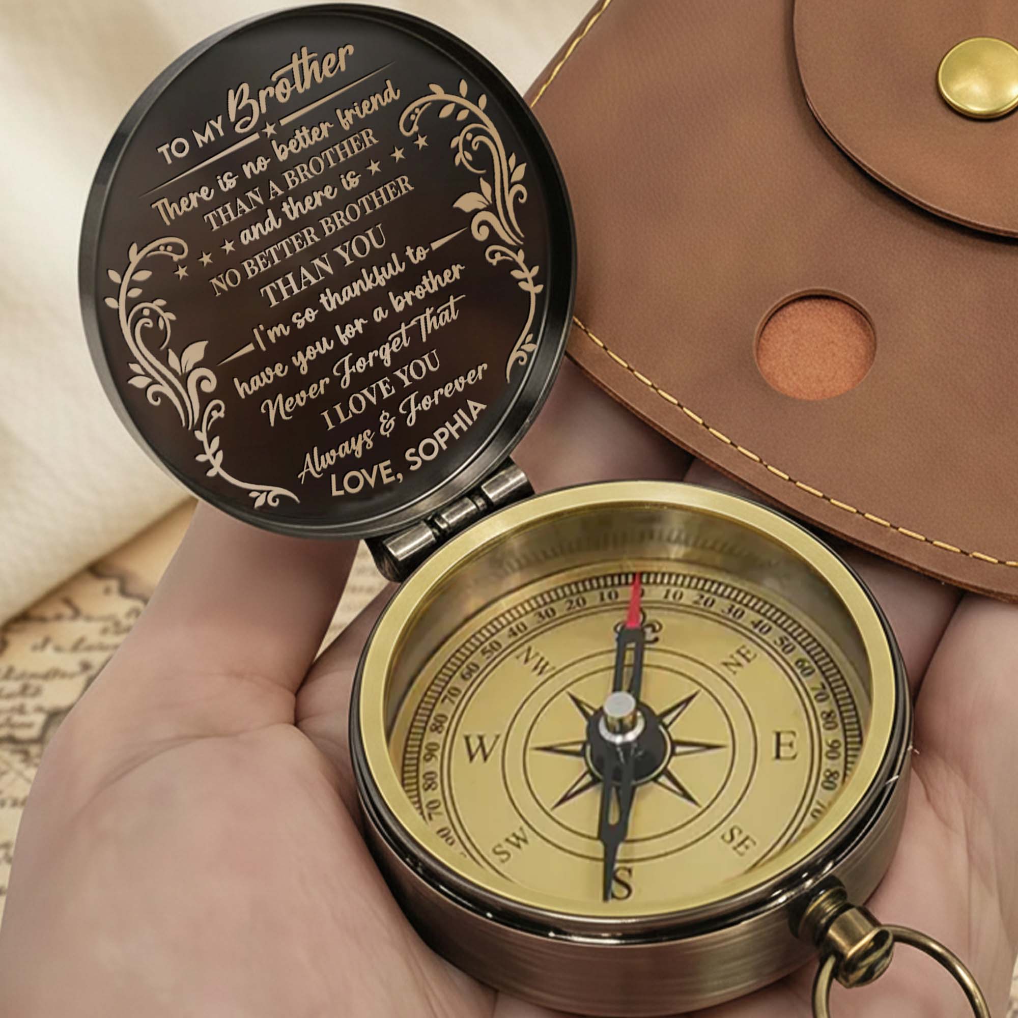 To My Brother There Is No Better Friend Monogram Floral Compass - Personalized Engraved Brass Compass - BRT030_ECPASS - Image 5