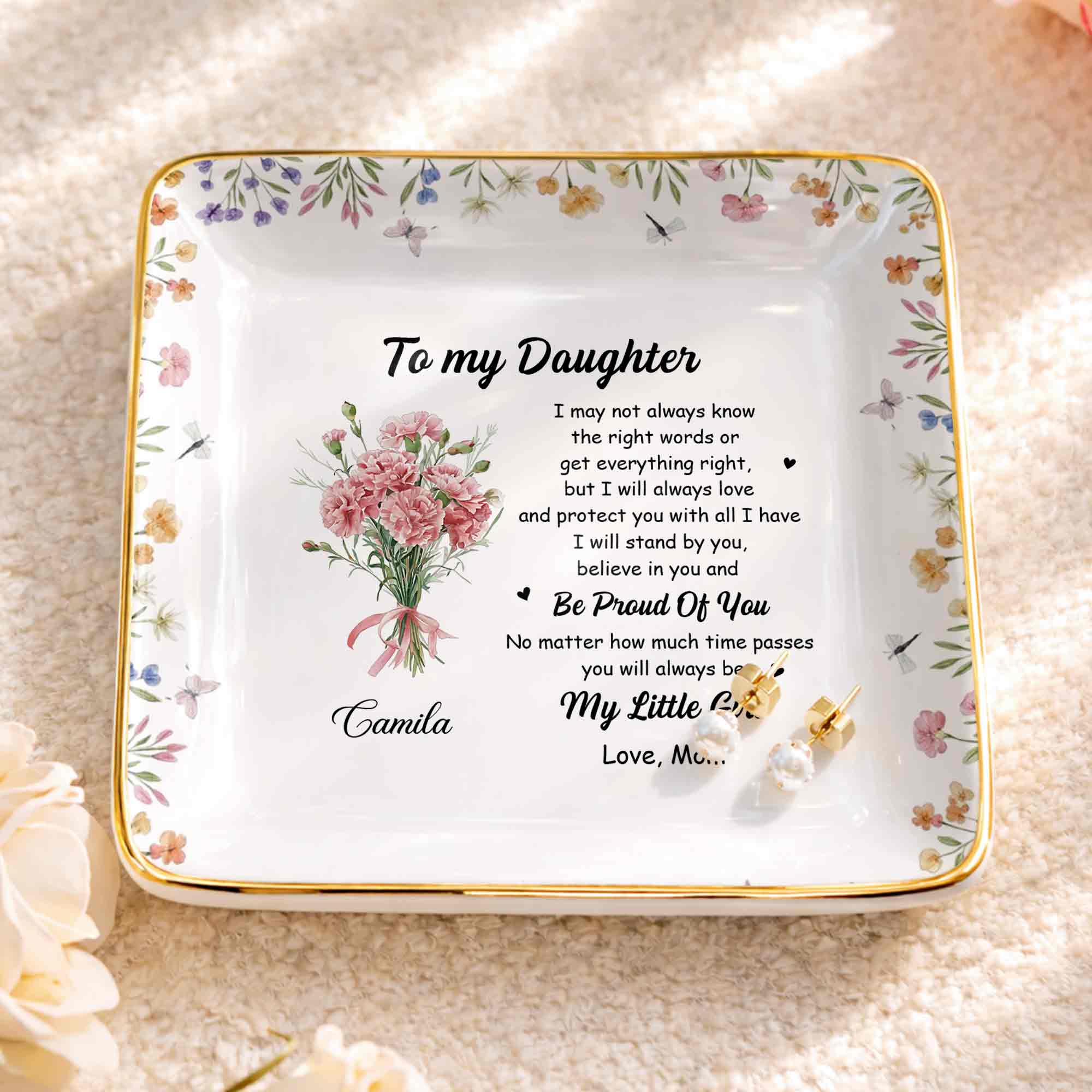 To My Daughter Always Love And Protect You Flower Bouquet - Personalized Custom Jewelry Dish, Ceramic Dish, Square Shape - DAU347_SCRF - Image 3