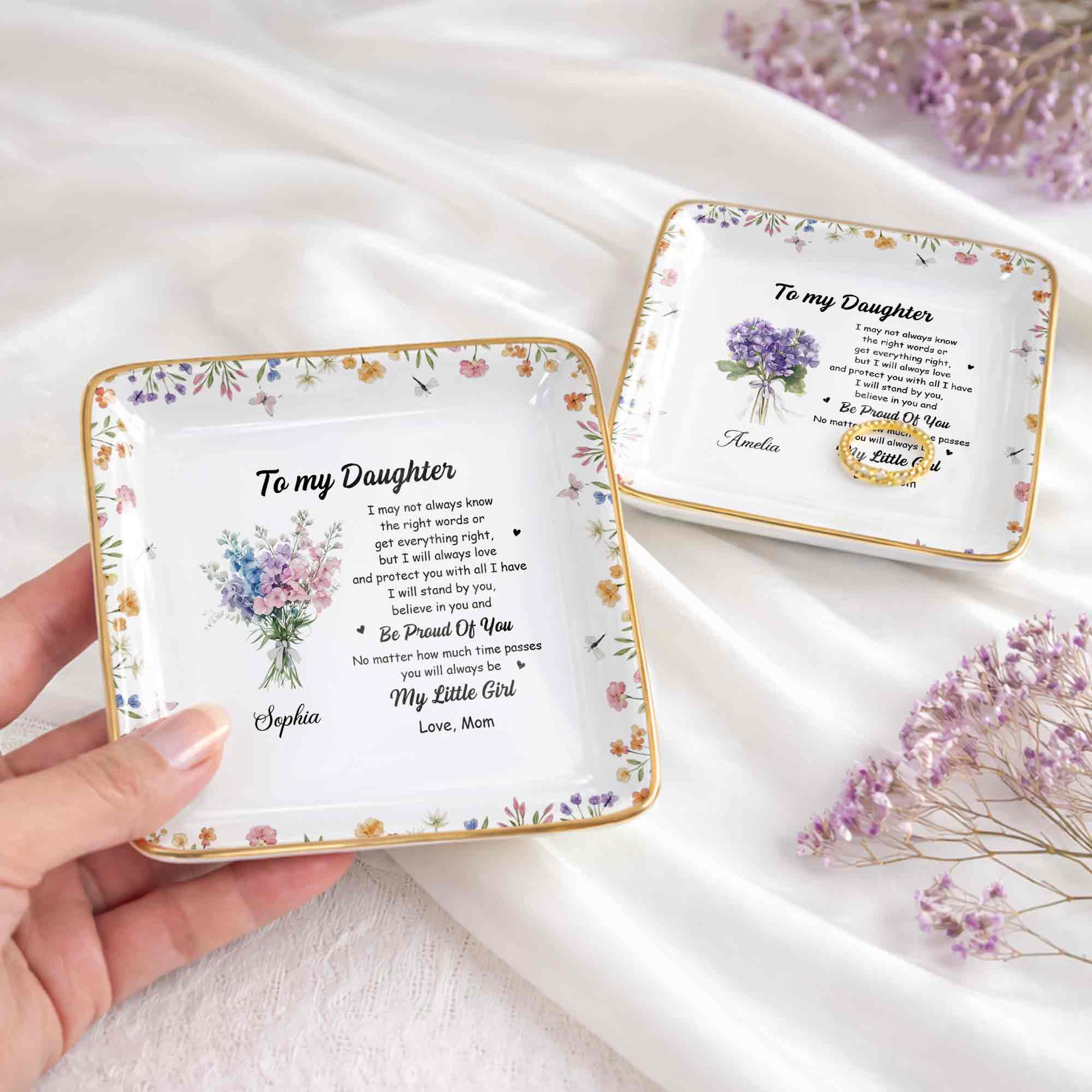 To My Daughter Always Love And Protect You Flower Bouquet - Personalized Custom Jewelry Dish, Ceramic Dish, Square Shape - DAU347_SCRF - Image 4