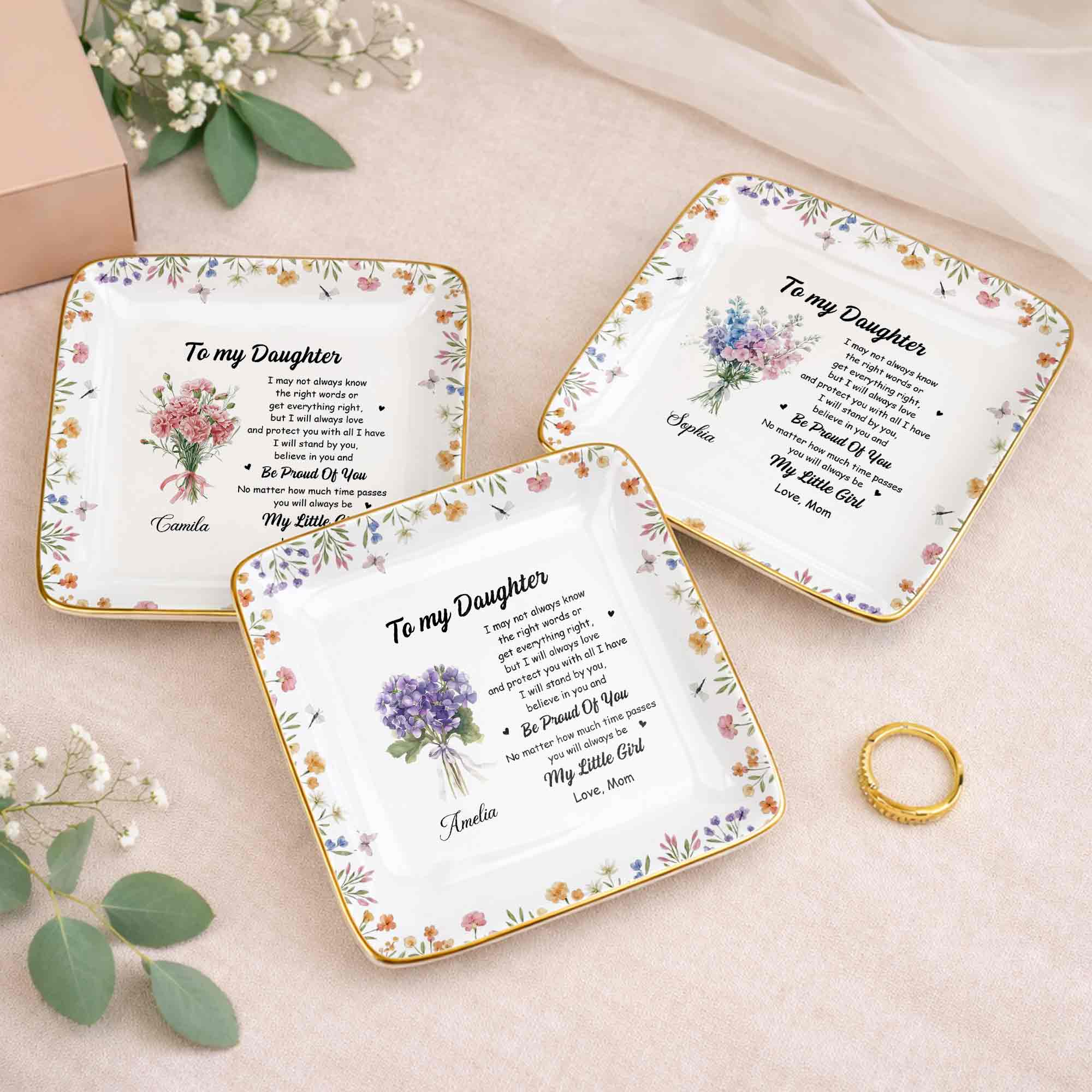 To My Daughter Always Love And Protect You Flower Bouquet - Personalized Custom Jewelry Dish, Ceramic Dish, Square Shape - DAU347_SCRF - Image 6