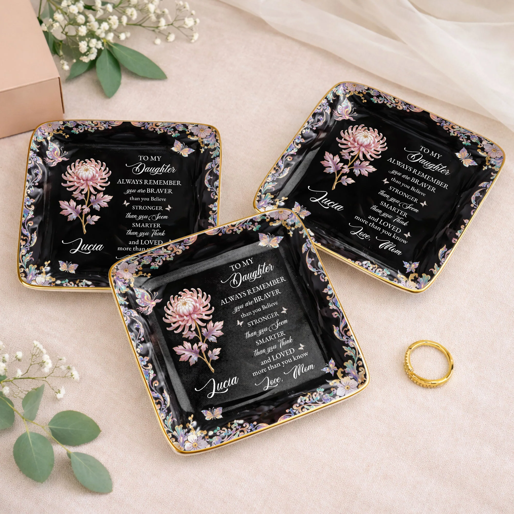To My Daughter Always Remember Braver Stronger Smarter Flower Butterfly - Personalized Custom Jewelry Dish, Ceramic Dish, Square Shape - DAU337_SCRF - Image 6