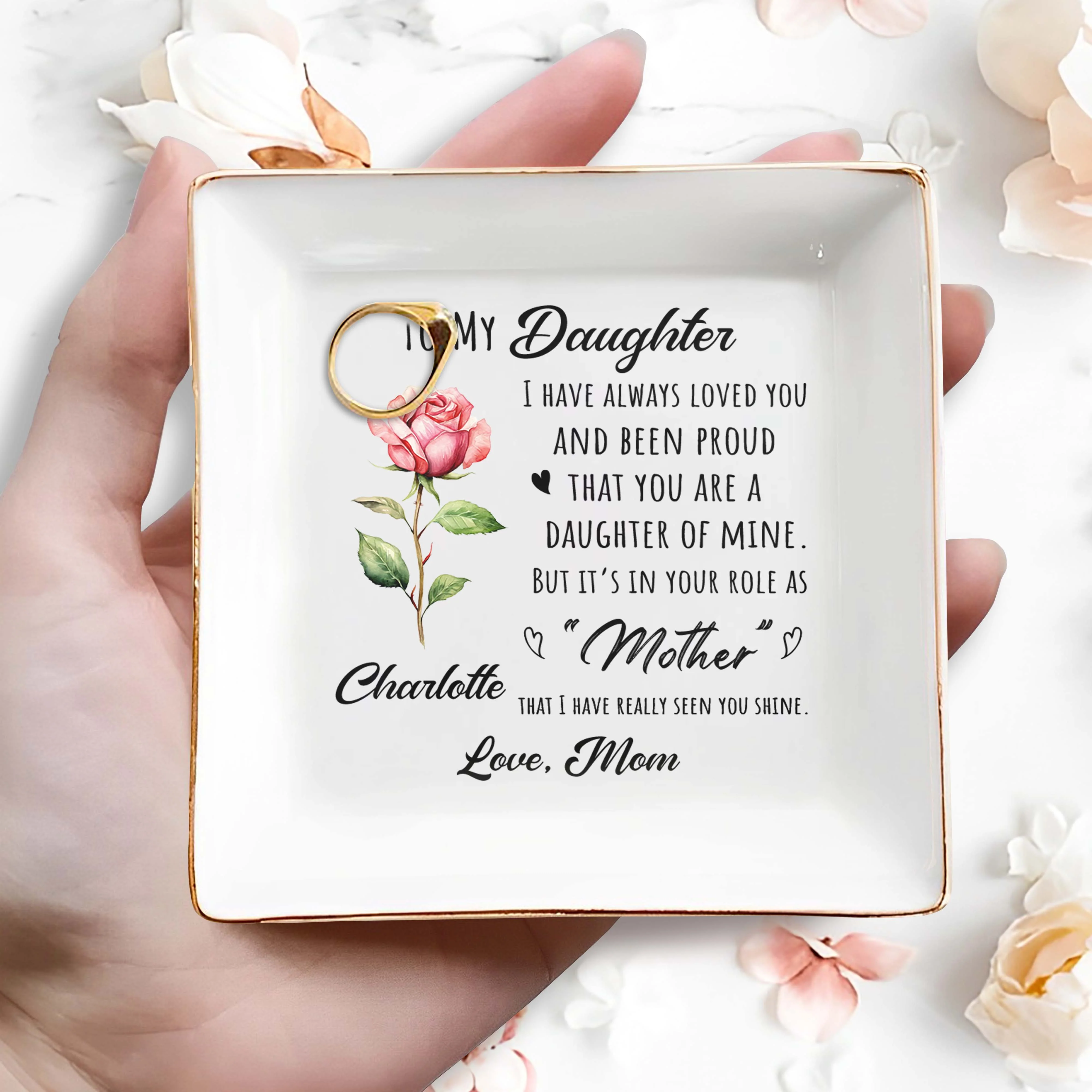 To My Daughter I Have Always Loved You Birth Month Flower - Personalized Custom Jewelry Dish, Square Ceramic Dish - DAU342_SCRD - Image 2